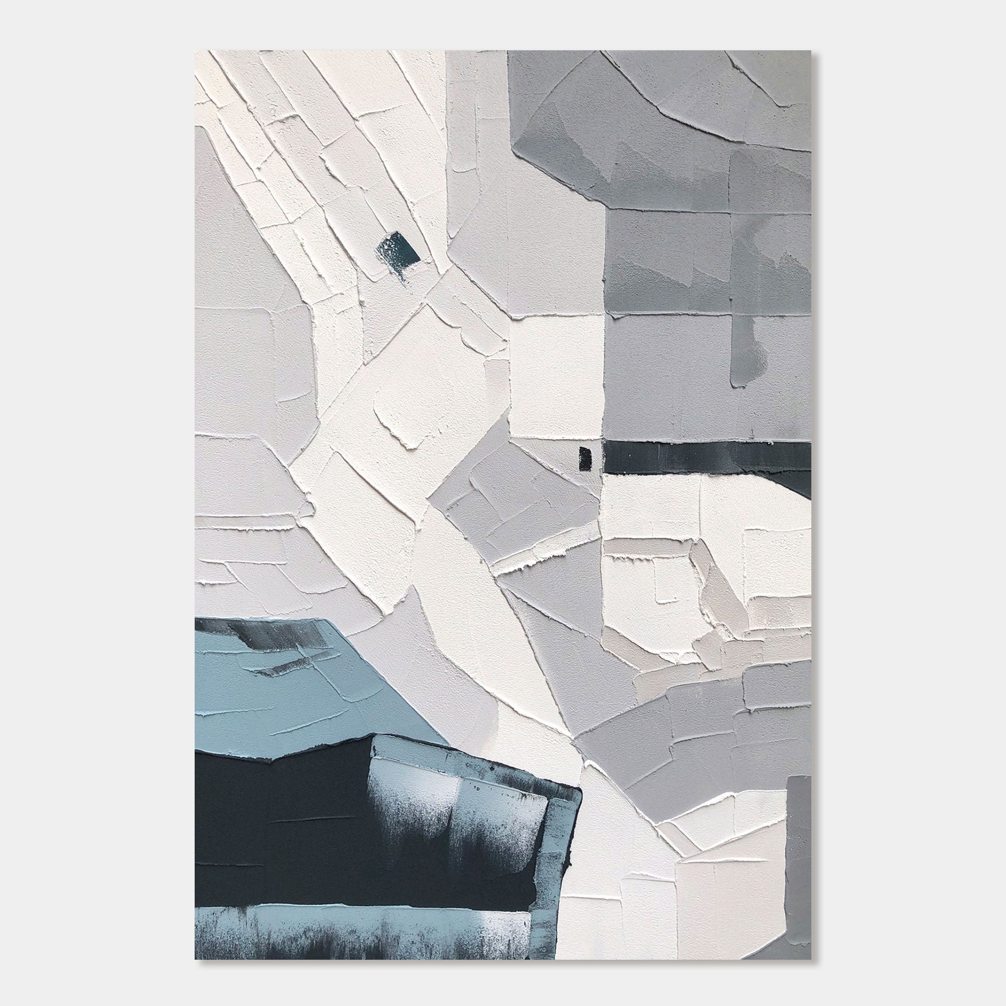Abstract Geometric Wall Art: Silent Grid with layered white, grey, and blue tones.