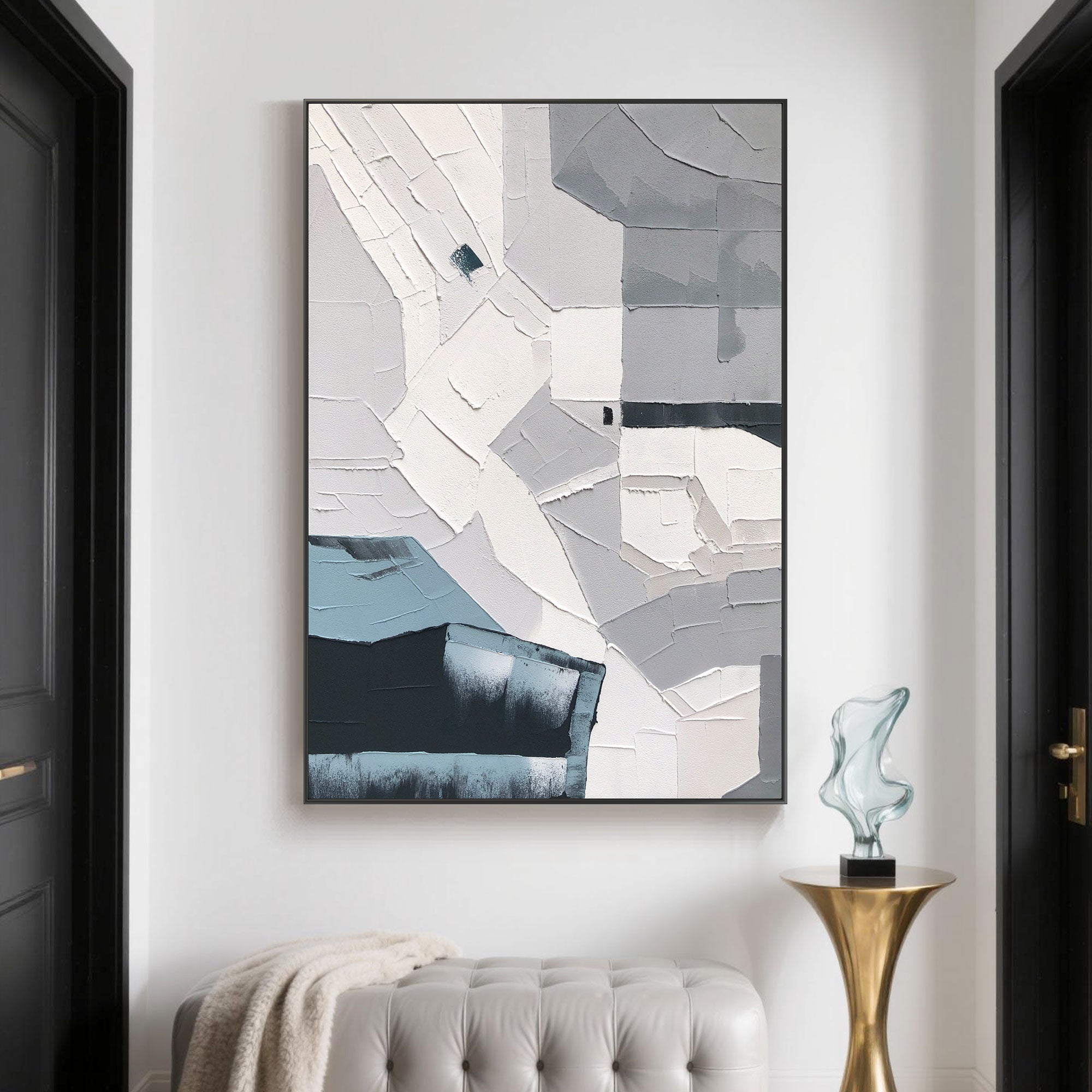Silent Grid abstract art in a modern living room with a black frame.