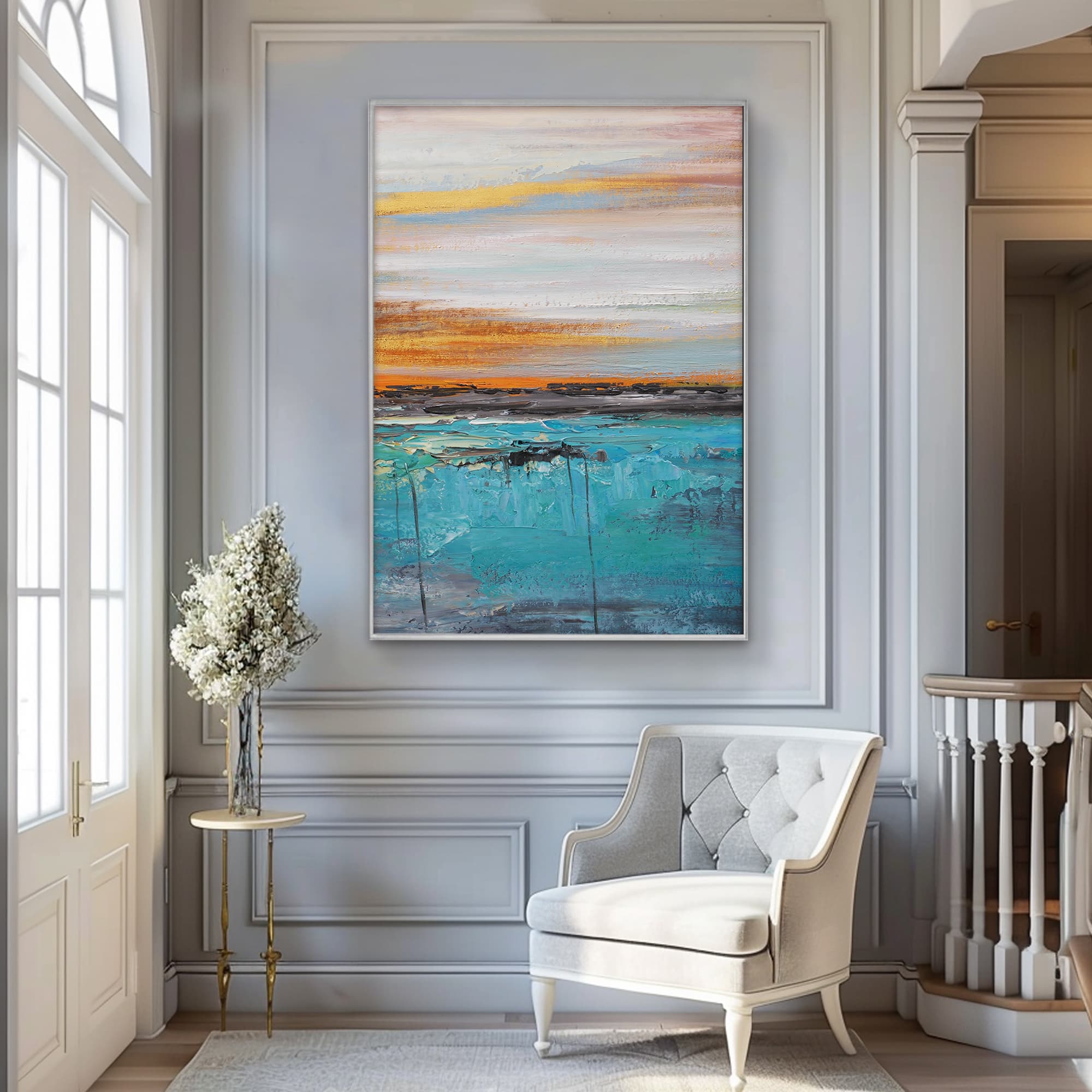 絵画 Etrarium Canvas Vertical Abstract Sunset Wall Painting in Gold and Ocean Tones