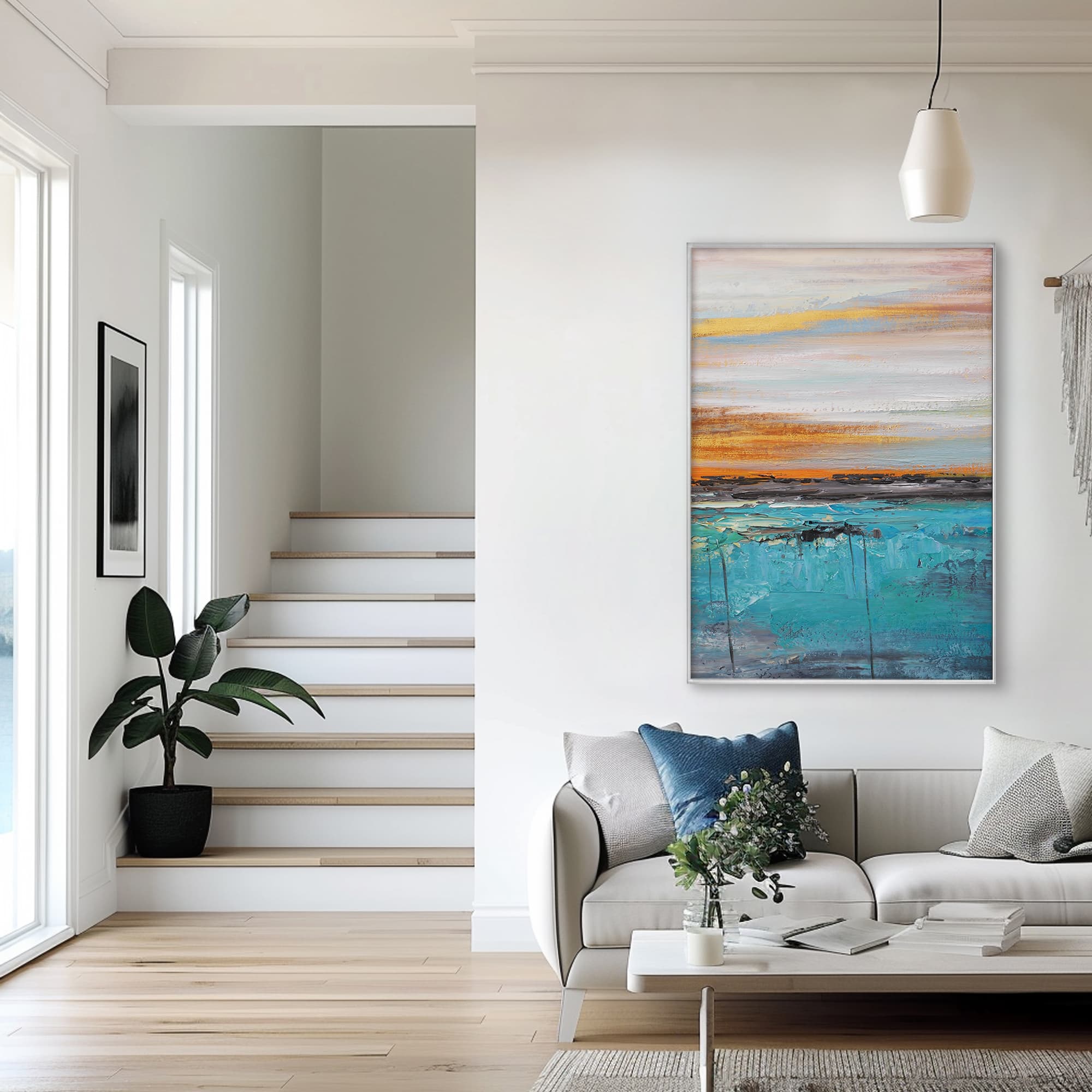 Abstract Golden Landscape Canvas Art | Twilight displayed in minimalist interior.