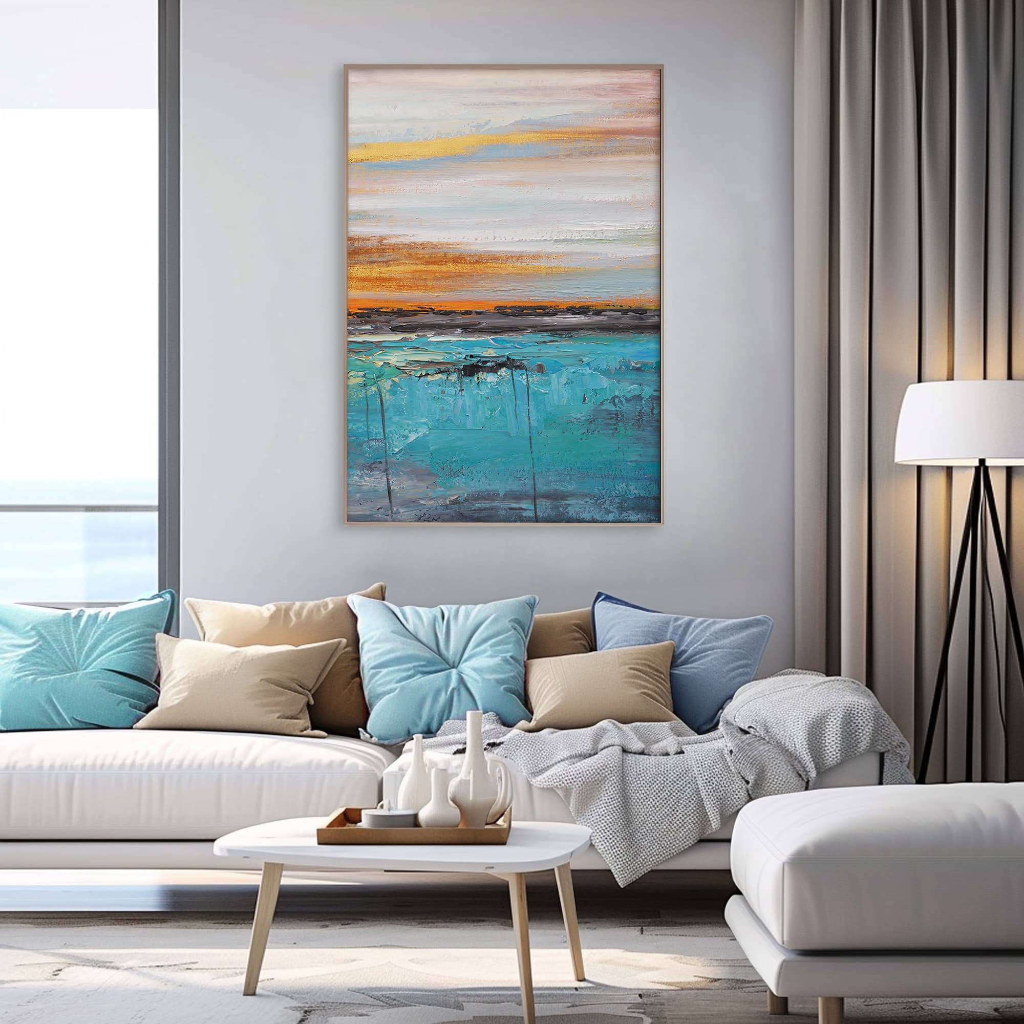 Abstract Golden Landscape Canvas Art | Twilight in living room setting.
