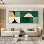 'Halfway' green abstract art above a modern white sofa.