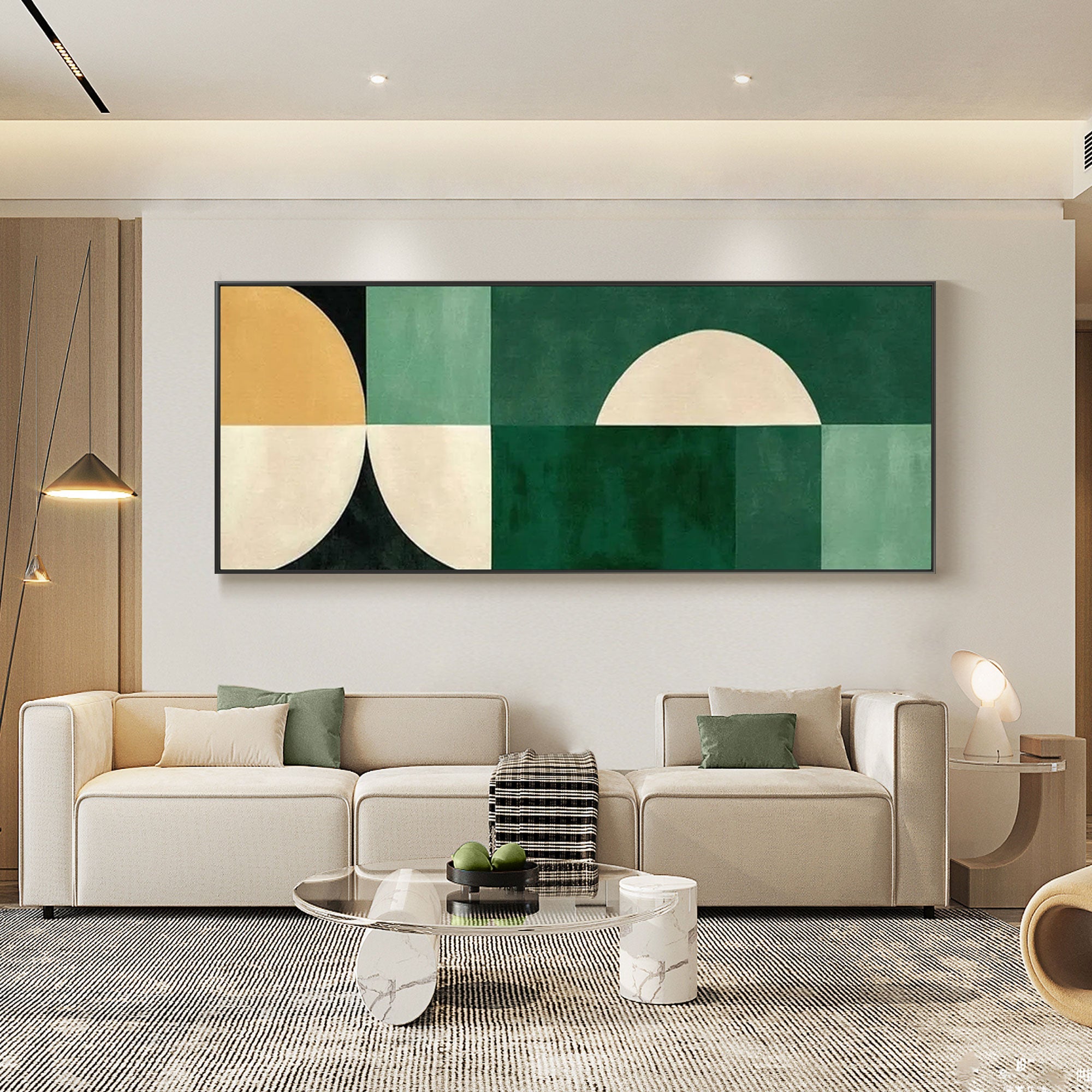 'Halfway' green abstract art above a modern white sofa.