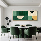 Green geometric 'Halfway' canvas art in a modern dining room setting.
