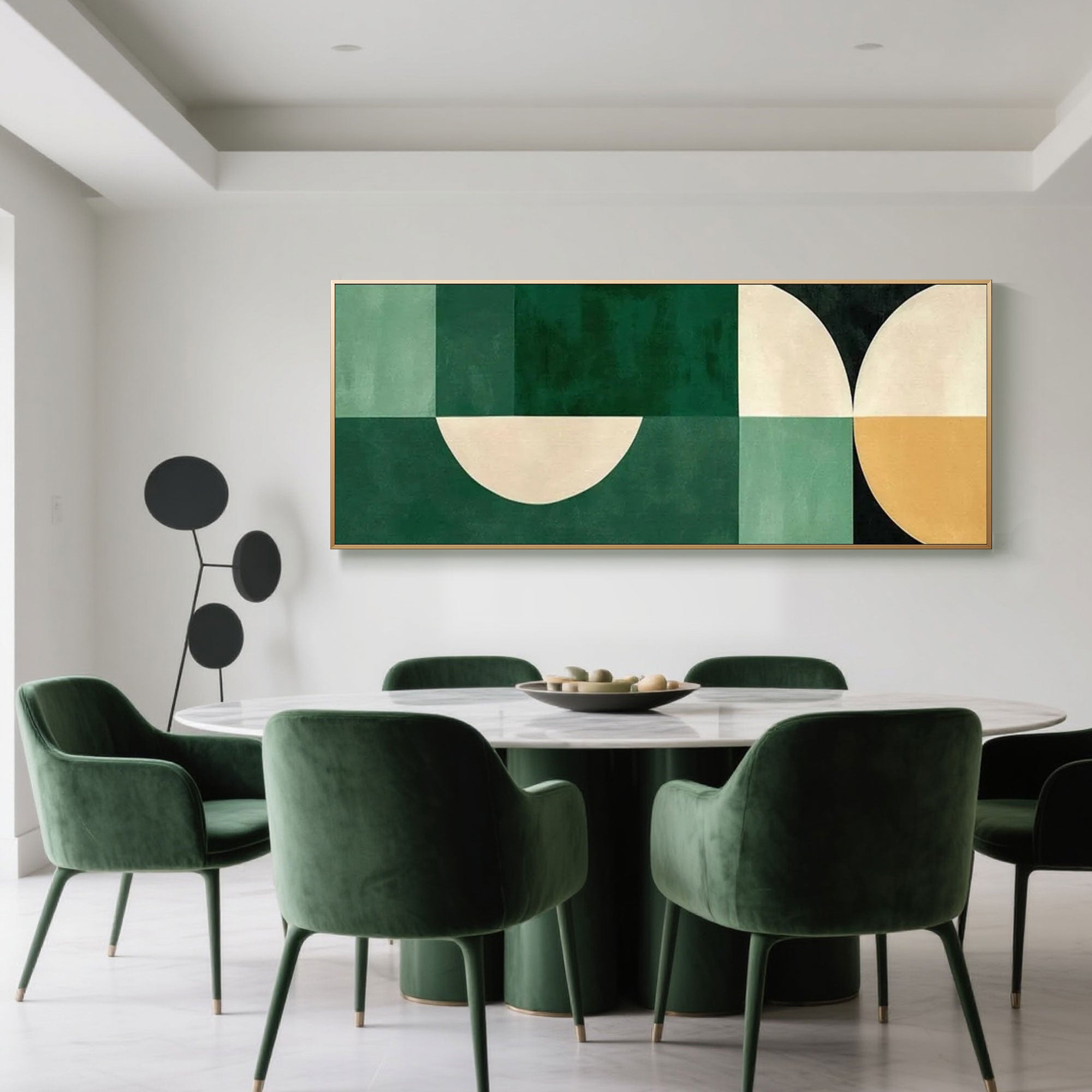 Green geometric 'Halfway' canvas art in a modern dining room setting.