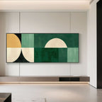 Abstract 'Halfway' canvas art with a black frame in a modern living room.