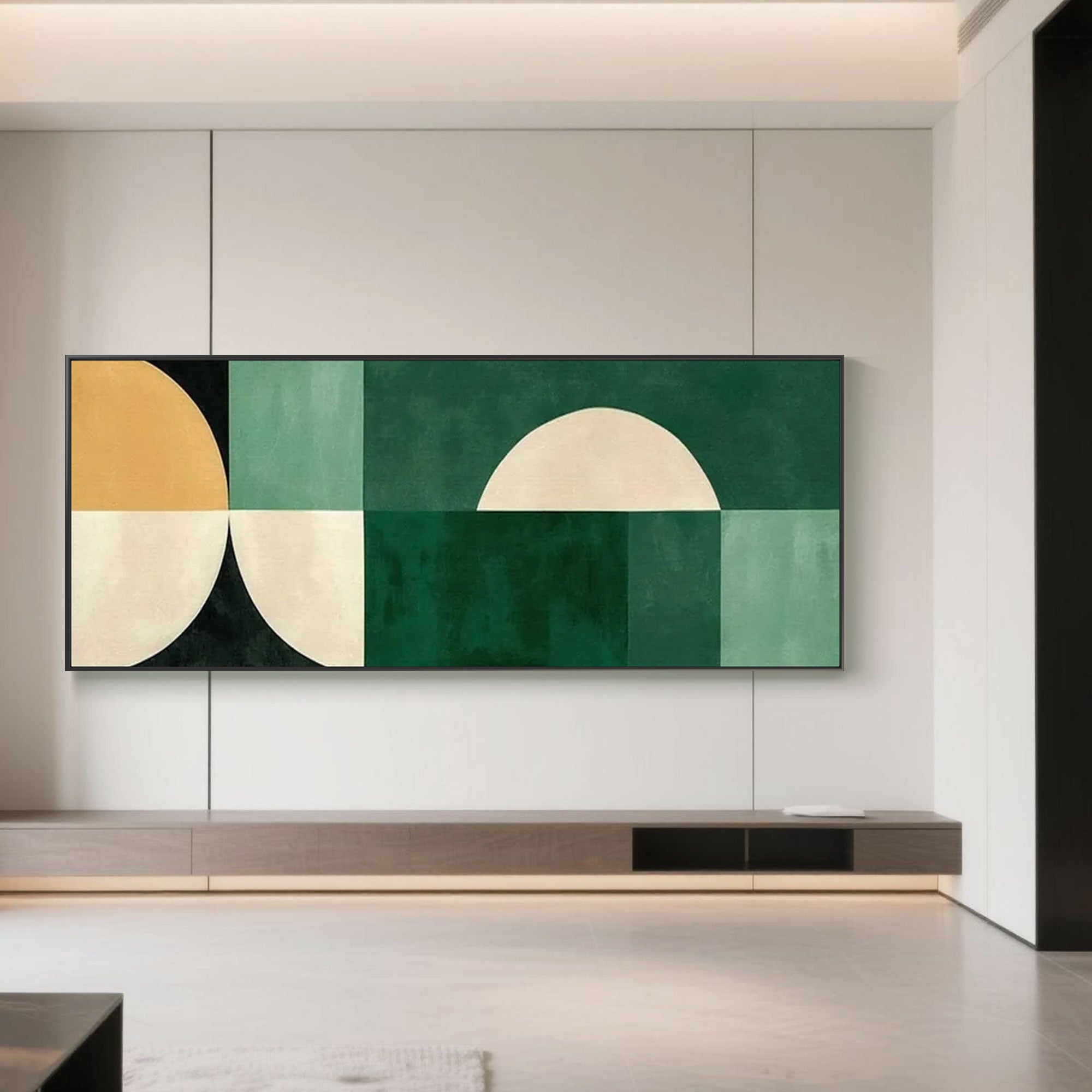 Abstract 'Halfway' canvas art with a black frame in a modern living room.