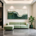 Hand-painted modern abstract wall art in green and ivory tones with thick texture, ideal for minimalist living room decor.