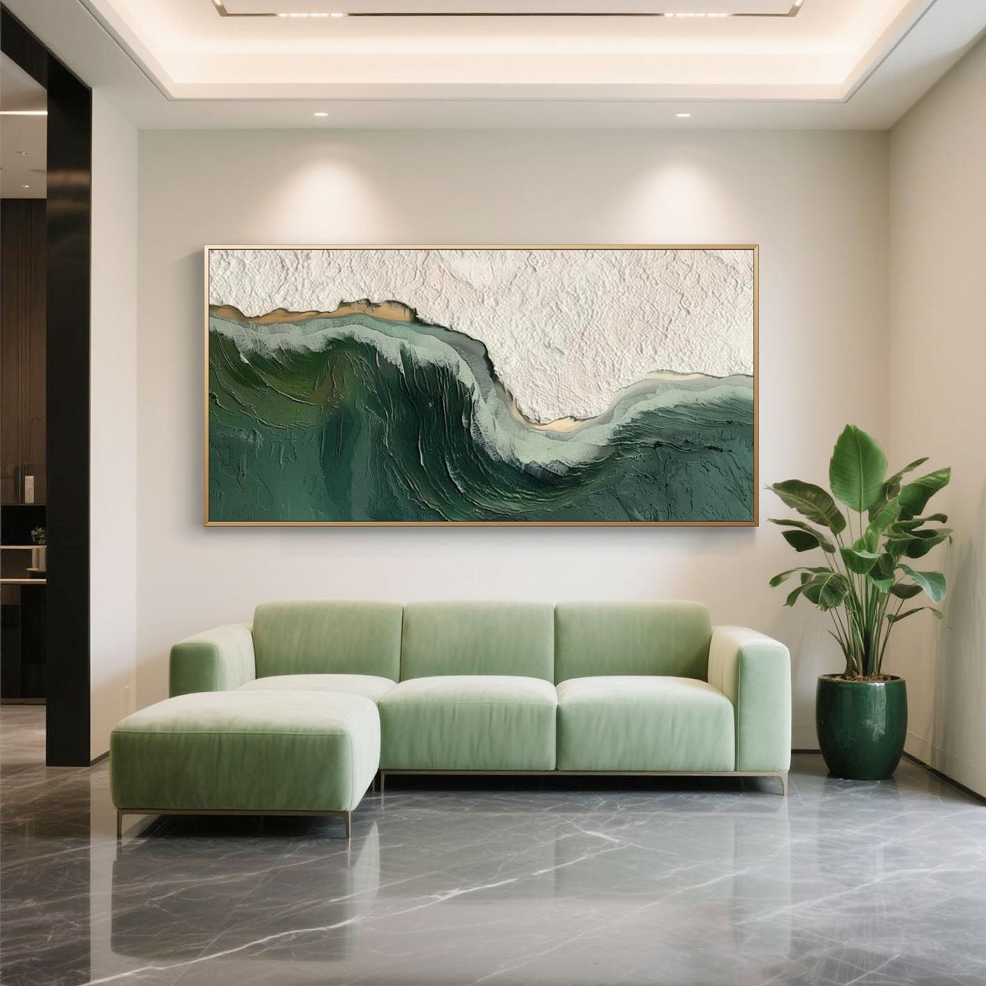 Hand-painted modern abstract wall art in green and ivory tones with thick texture, ideal for minimalist living room decor.