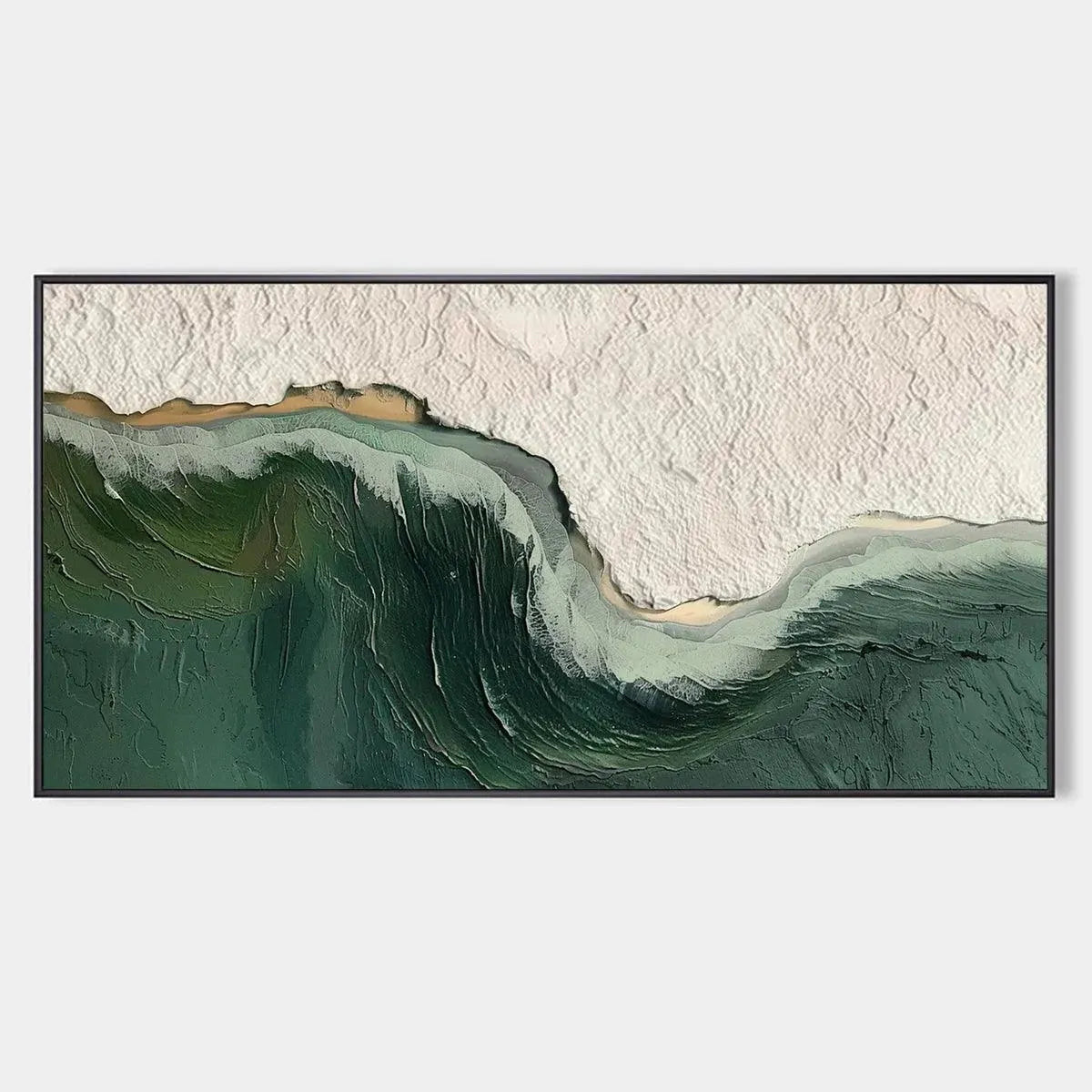 Hand-painted modern abstract wall art in green and ivory tones with thick texture, ideal for minimalist living room decor.