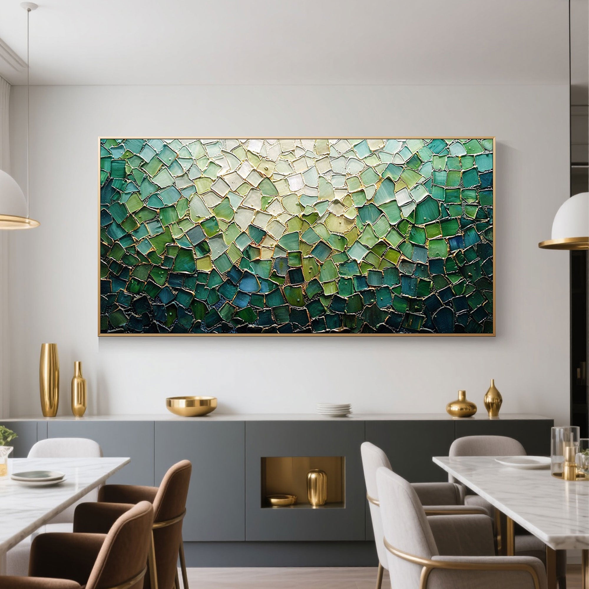 Green mosaic canvas art in a modern dining room setting with gold accents.
