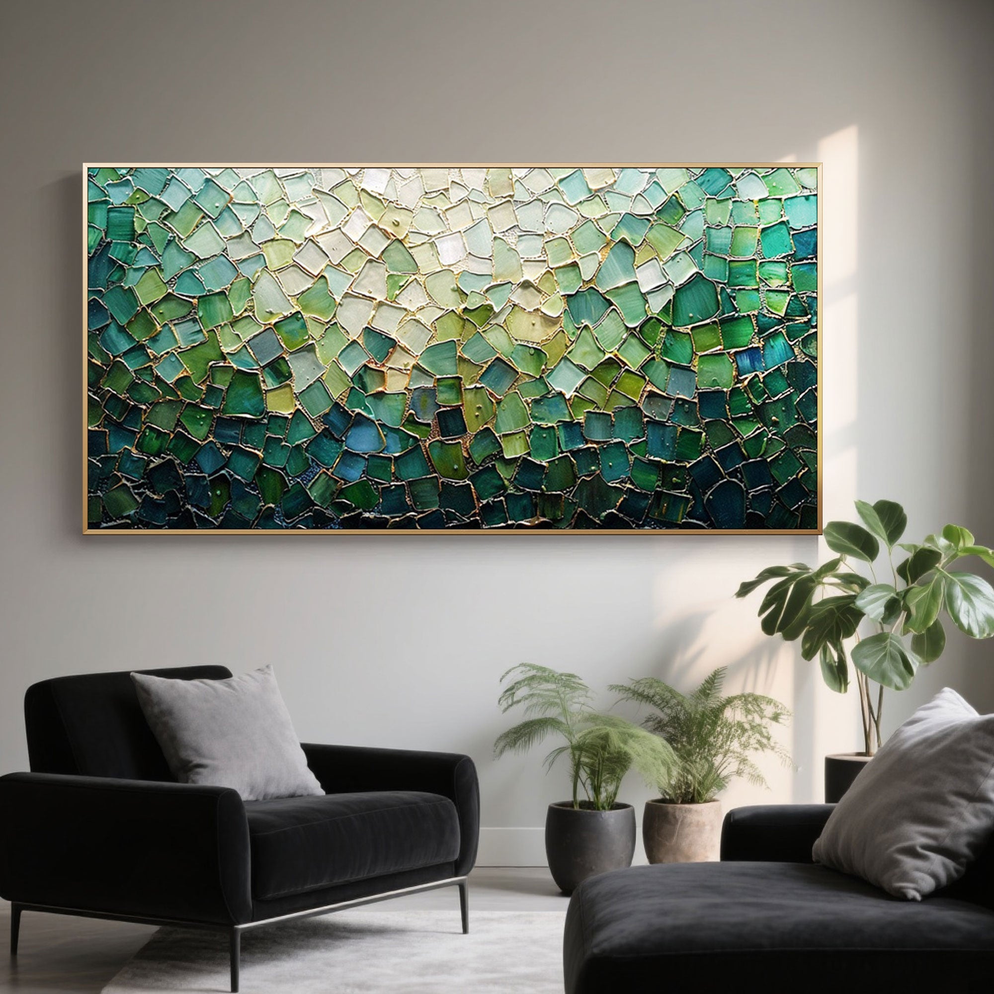 Close-up of the textured surface of the green mosaic canvas painting.