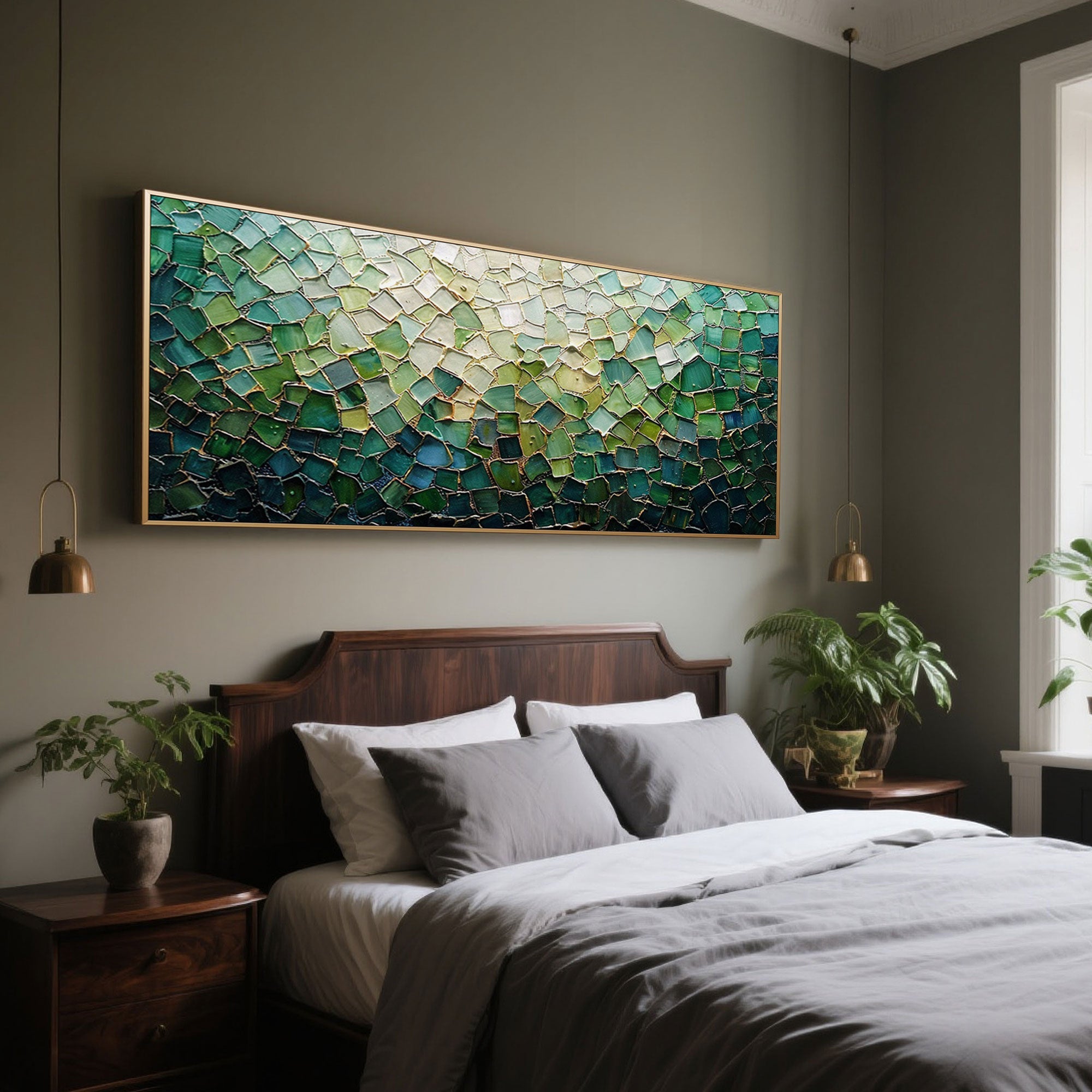Abstract green textured art above a bed in a modern bedroom setting.