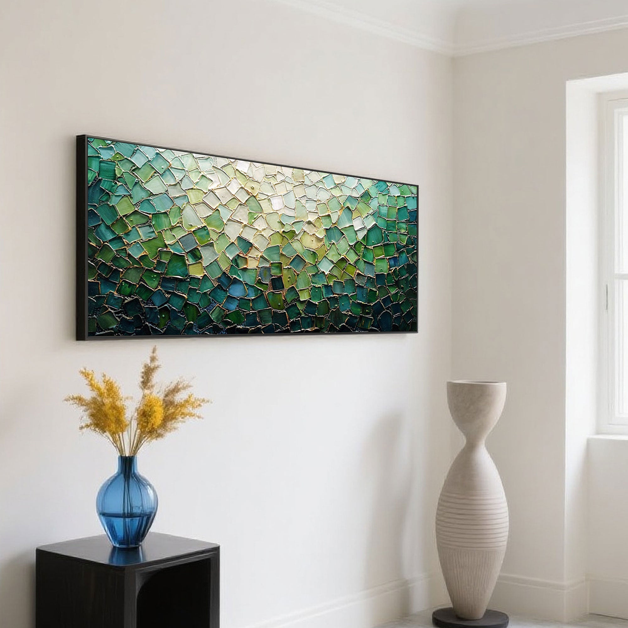Angled view of the green mosaic canvas art, highlighting its depth.