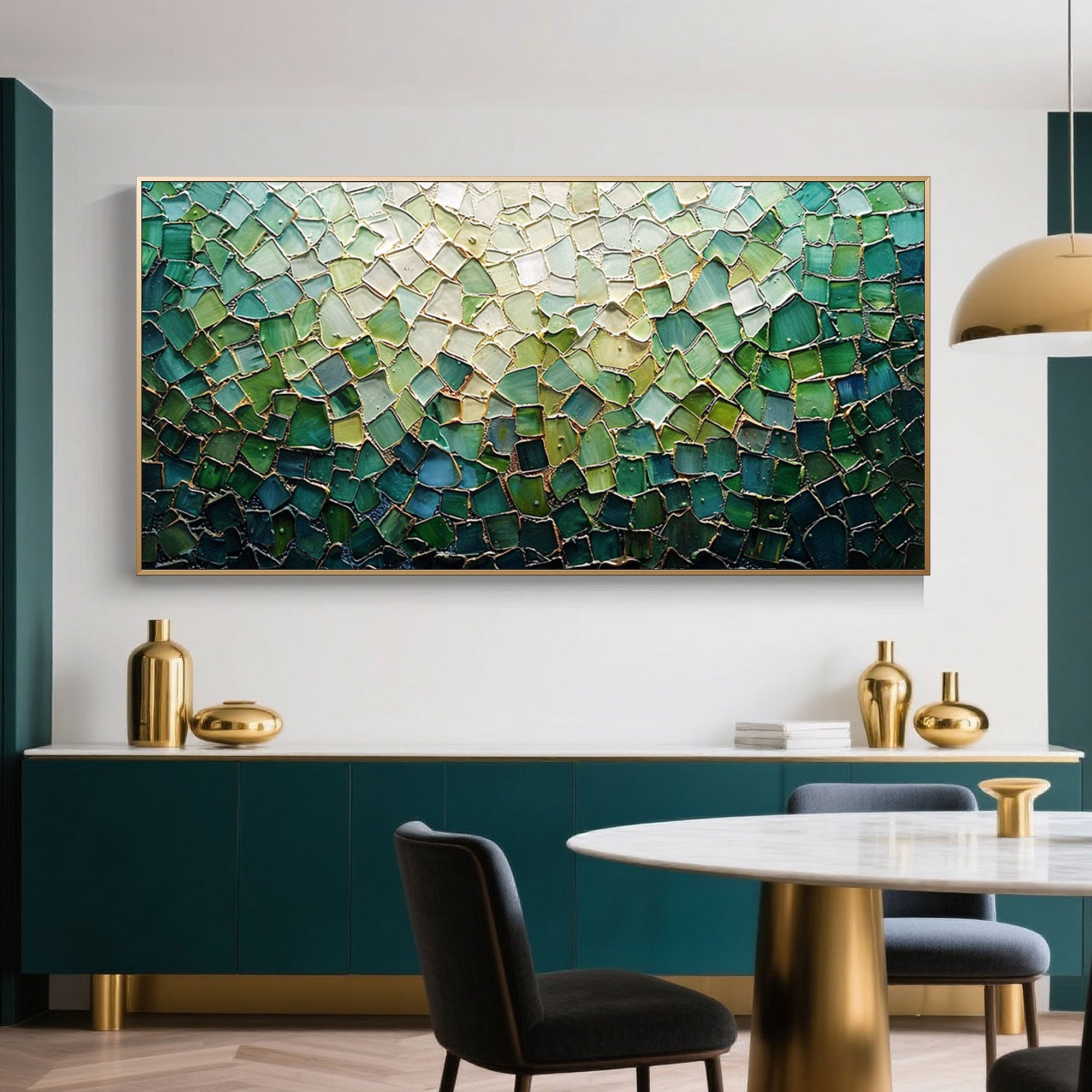 Side view of the abstract green textured canvas art.