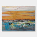 Abstract dusk landscape canvas art with amber horizon and blue waves.