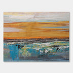 Abstract dusk landscape canvas art with amber horizon and blue waves.