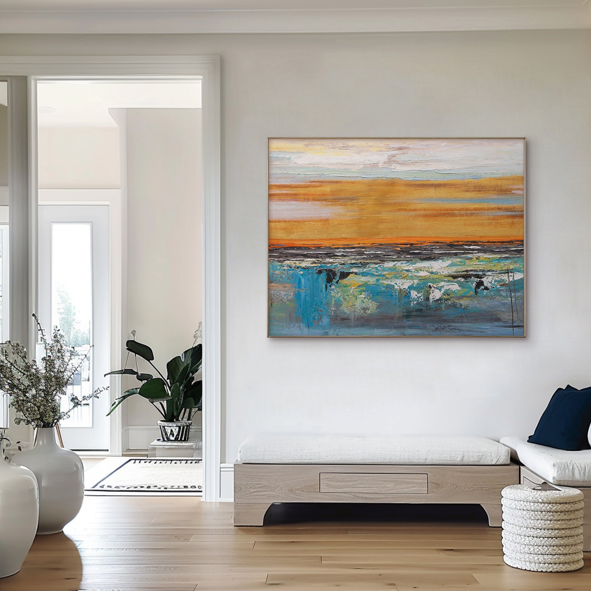 Worldwide shipping: canvas art in cardboard tubes, foam-protected paintings, & wooden crates.