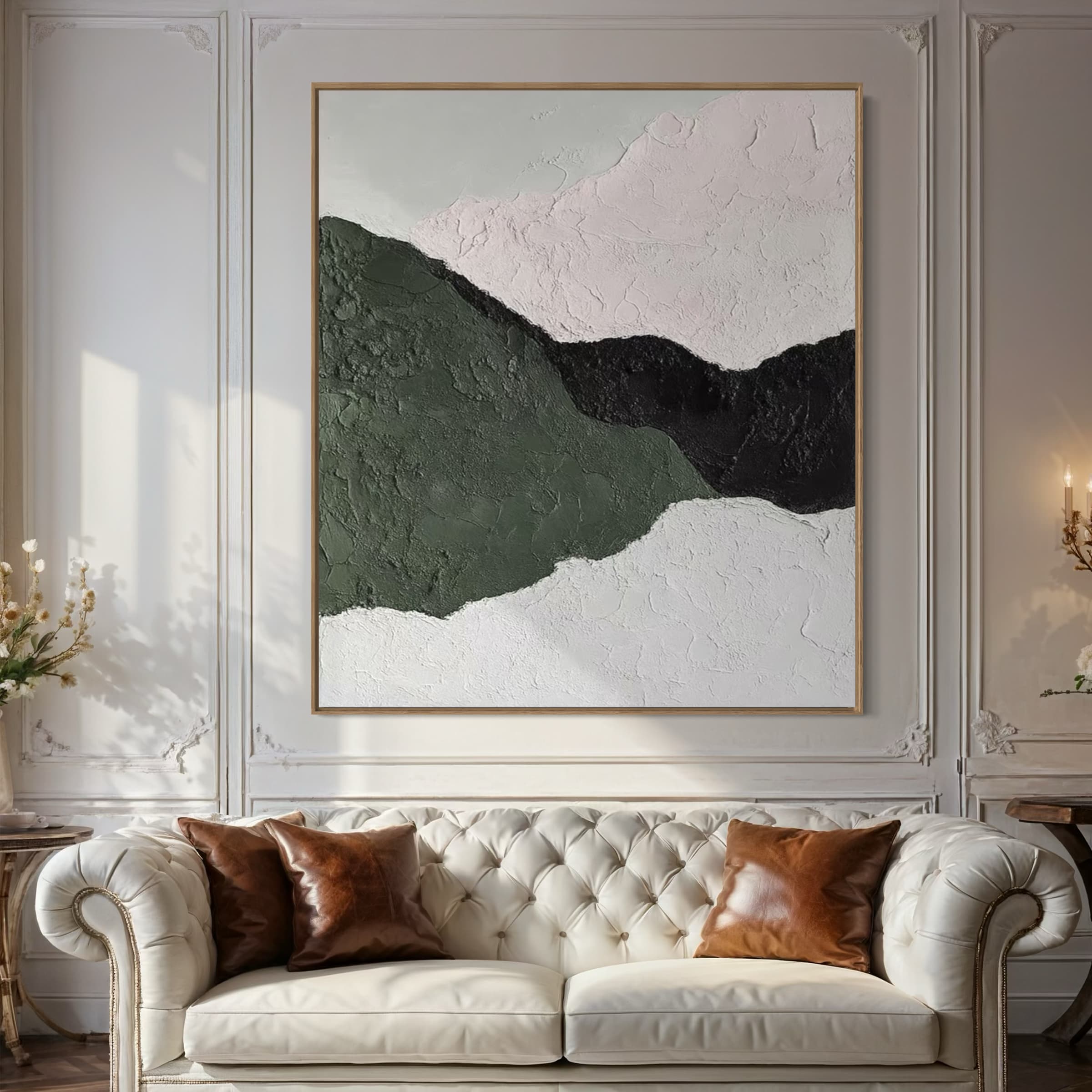 Abstract hand-painted canvas displayed in a modern living room