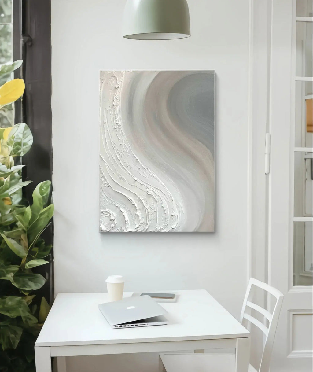 Abstract minimalist textured painting with a natural flow visual effect, combining soft grey, white, and beige tones with heavy texture, perfect for modern home decor.