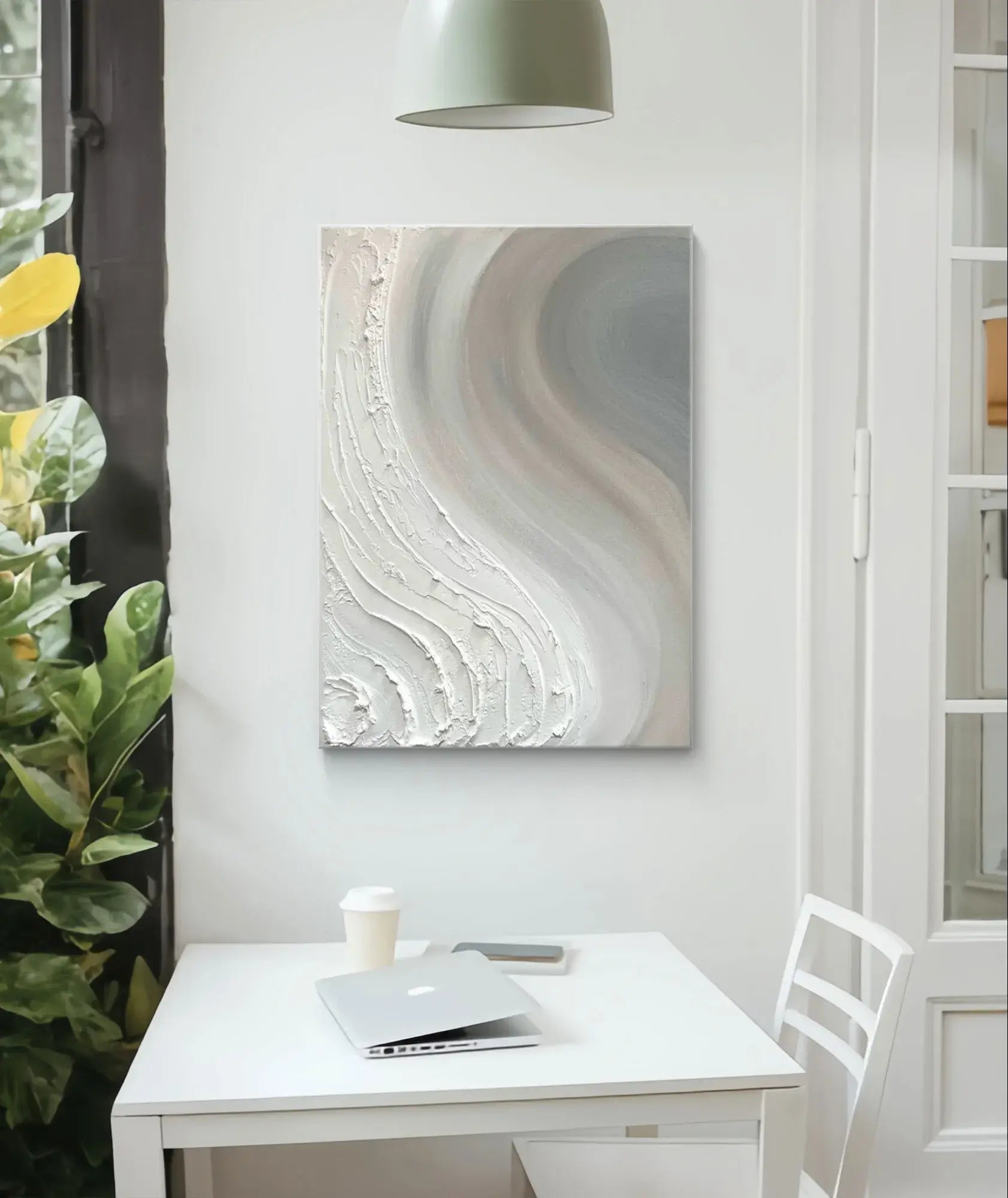 Abstract minimalist textured painting with a natural flow visual effect, combining soft grey, white, and beige tones with heavy texture, perfect for modern home decor.