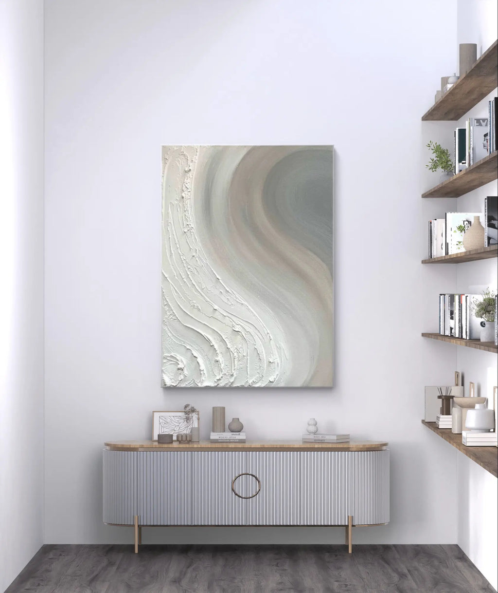 Abstract minimalist textured painting with a natural flow visual effect, combining soft grey, white, and beige tones with heavy texture, perfect for modern home decor.