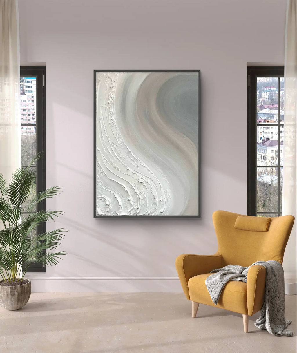 Abstract minimalist textured painting with a natural flow visual effect, combining soft grey, white, and beige tones with heavy texture, perfect for modern home decor.