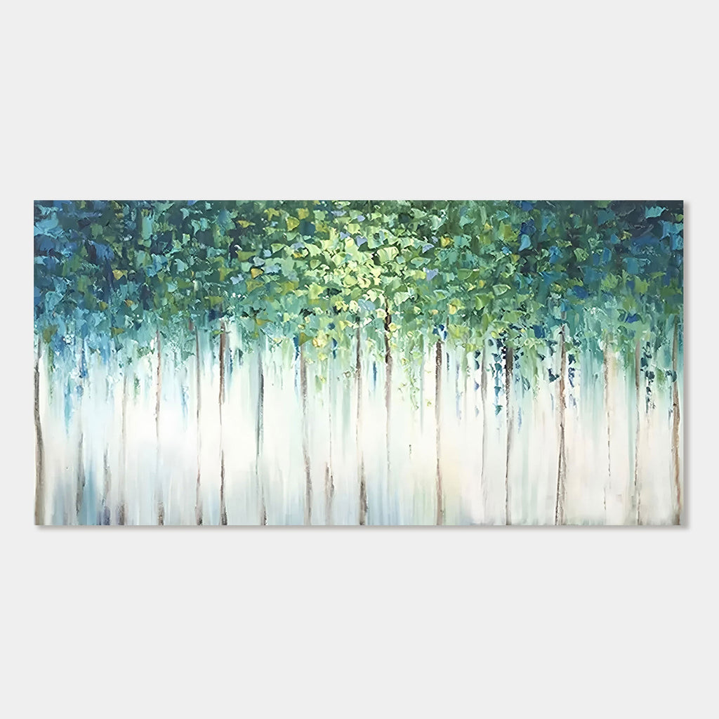 Abstract nature painting, 'Verdant Veil,' with green and blue foliage.