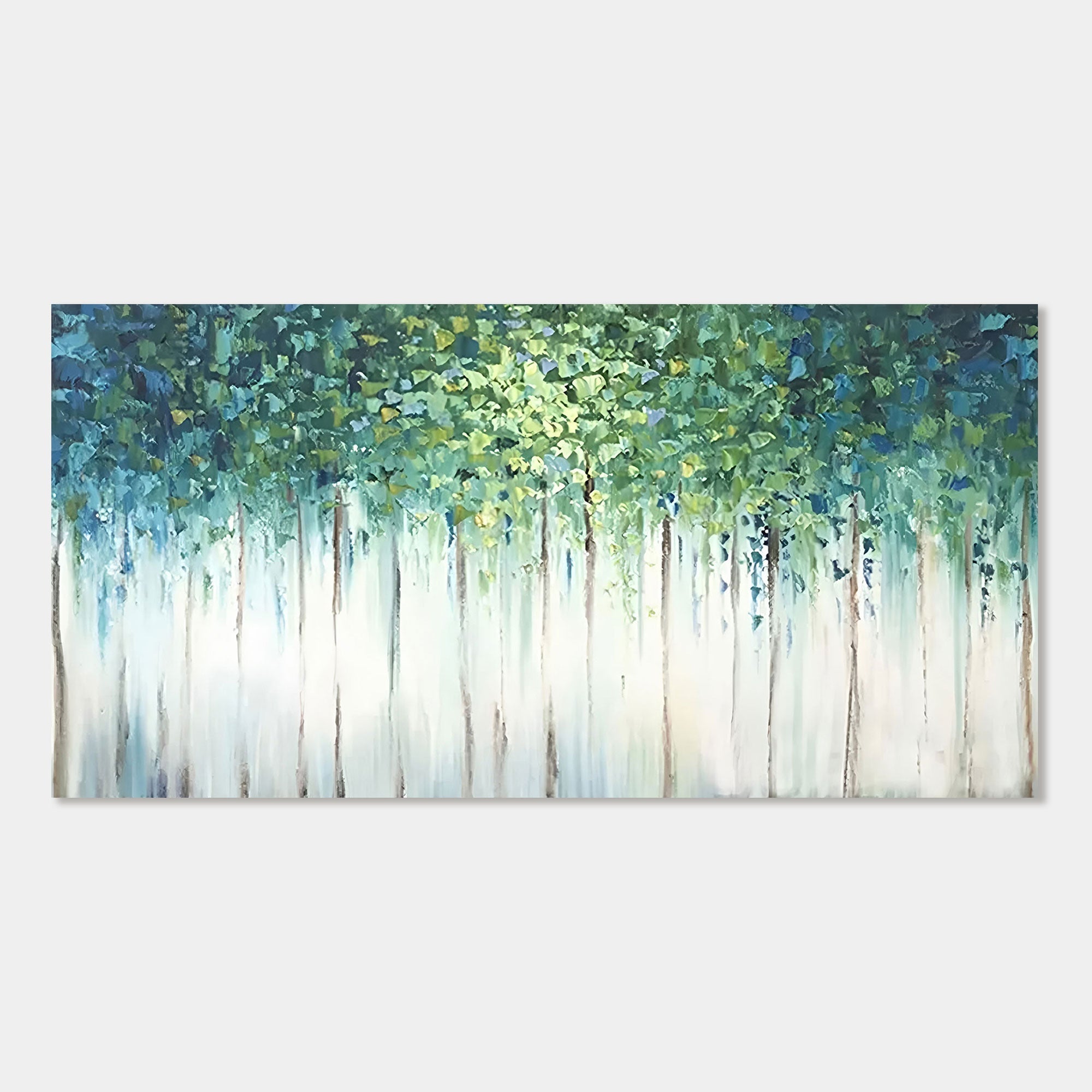 Abstract nature painting, 'Verdant Veil,' with green and blue foliage.