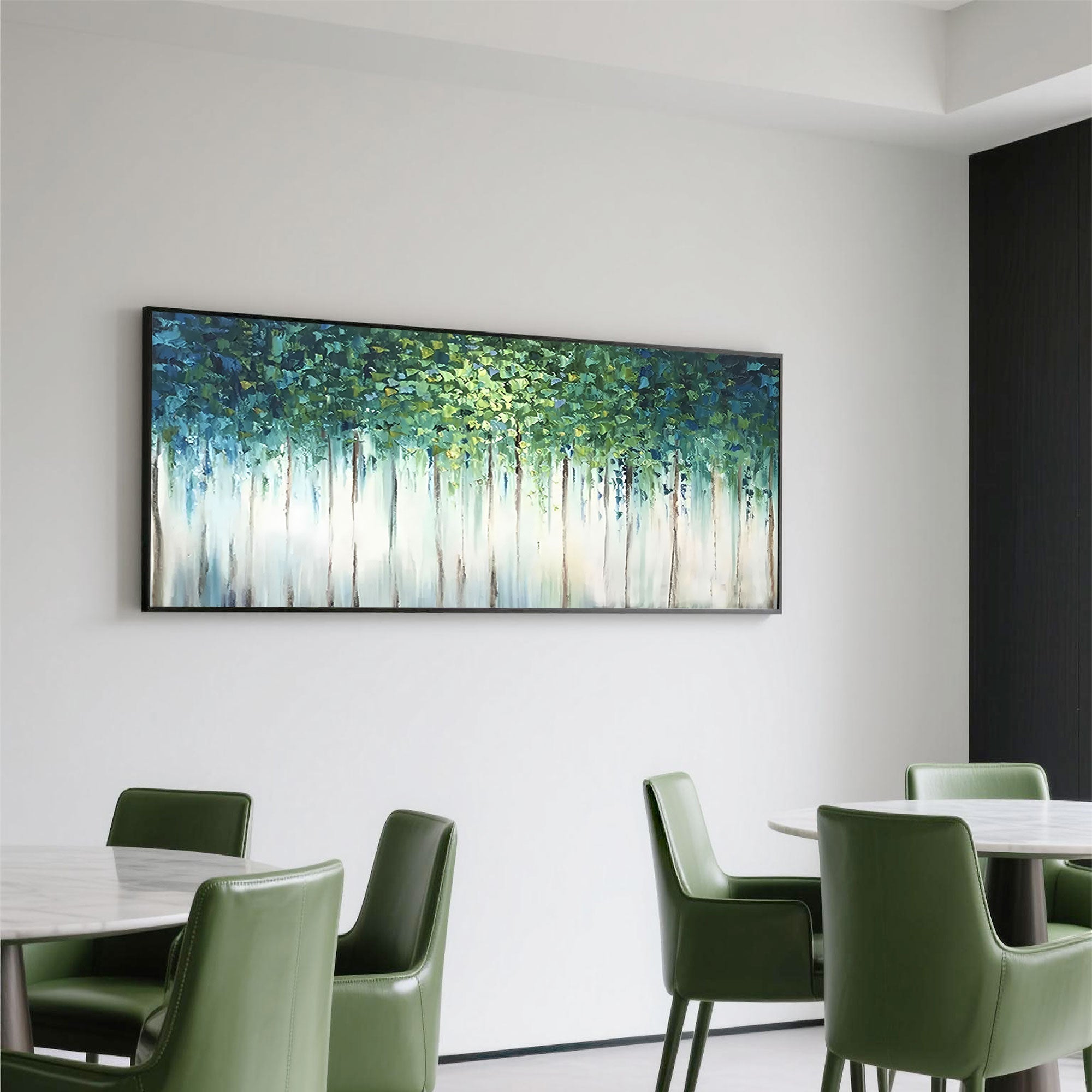 'Verdant Veil' green and blue abstract painting with black frame above a dining room.