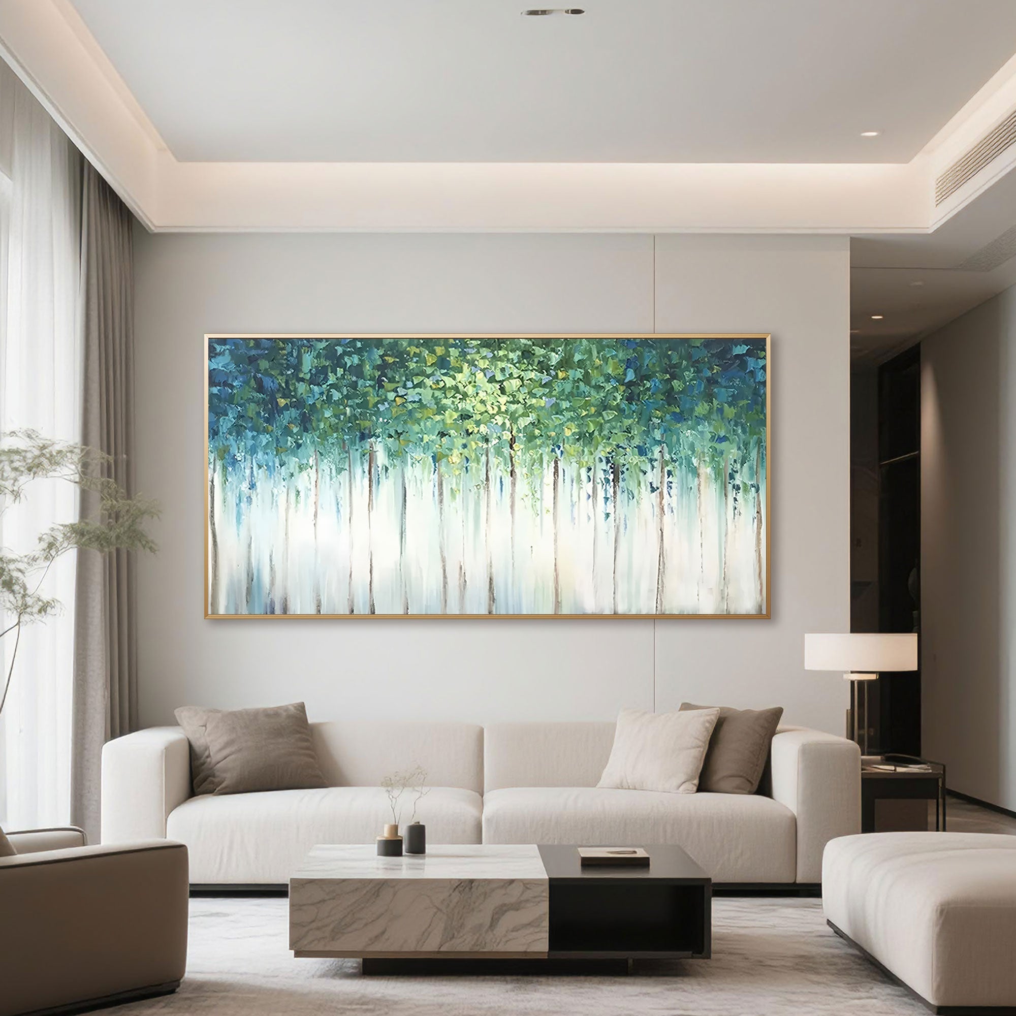 Abstract 'Verdant Veil' painting in a gold frame above a modern living room sofa.