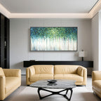 'Verdant Veil' abstract art with a black frame in a modern living room setting.