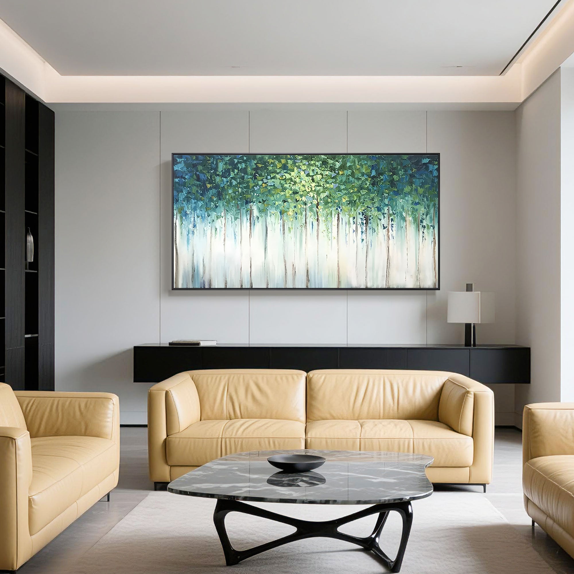 'Verdant Veil' abstract art with a black frame in a modern living room setting.