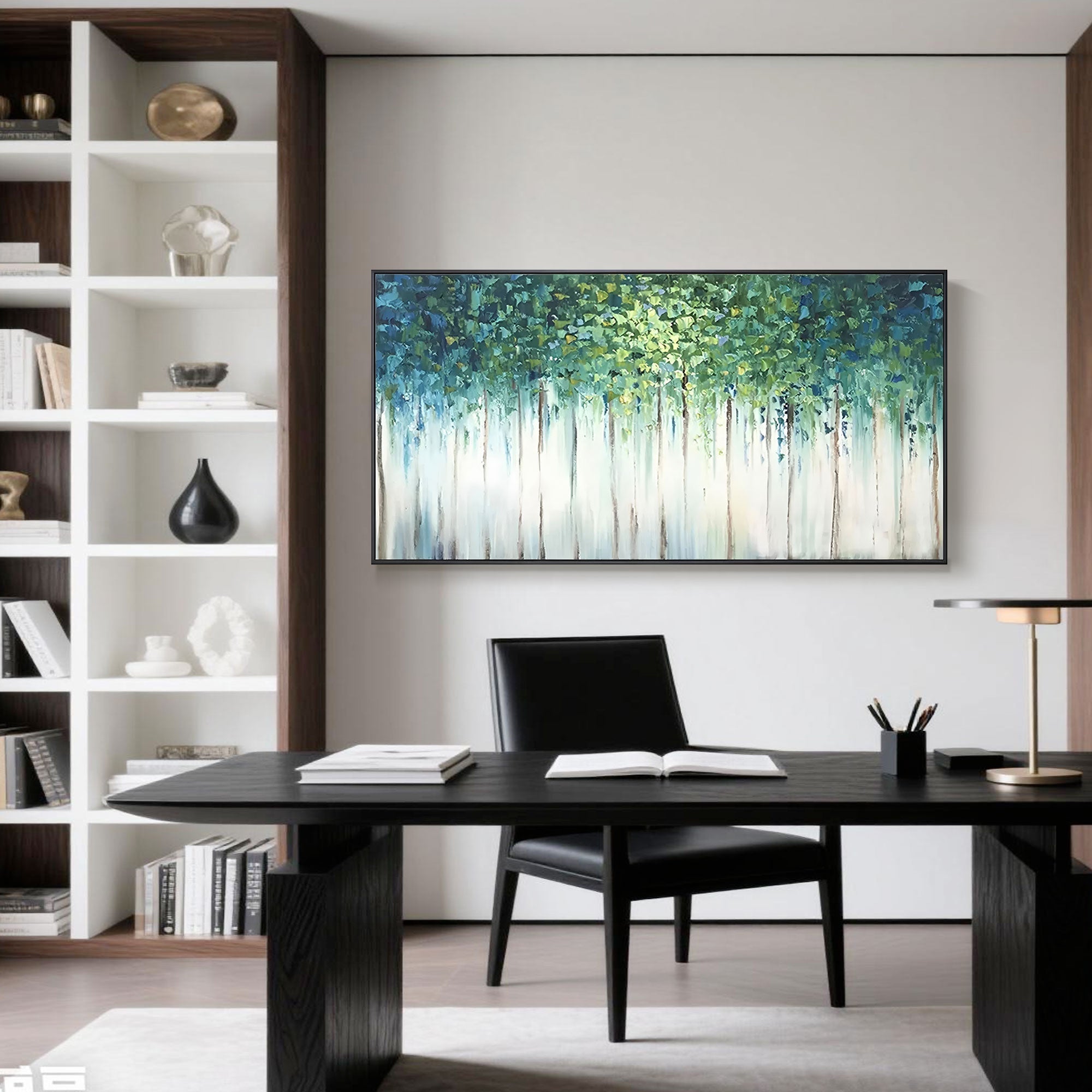 Framed and unframed canvas art options for 'Verdant Veil' painting.