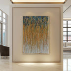 Vertical cascade of texture in ochre and navy tones in the 'Urban Rain' artwork.