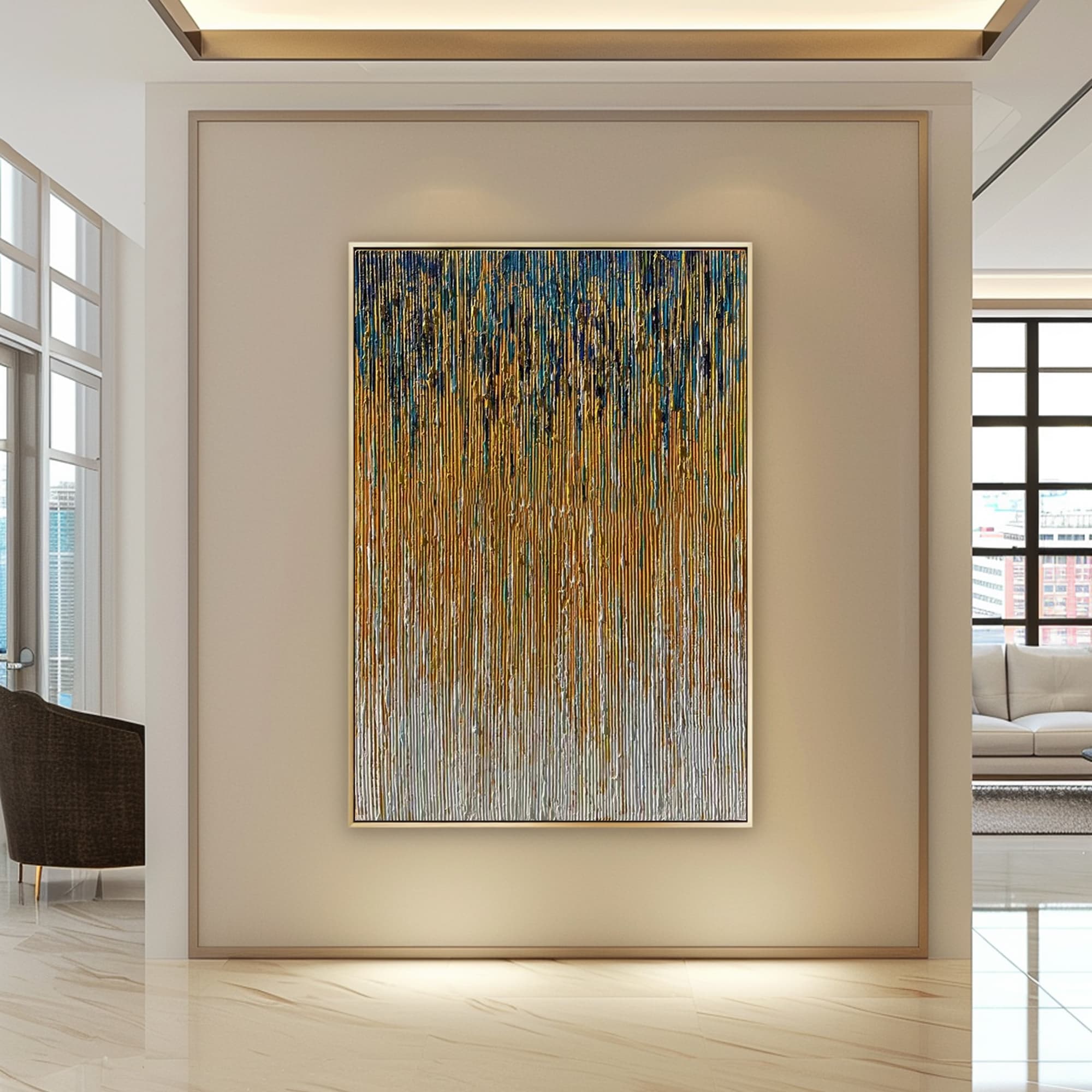 Vertical cascade of texture in ochre and navy tones in the 'Urban Rain' artwork.
