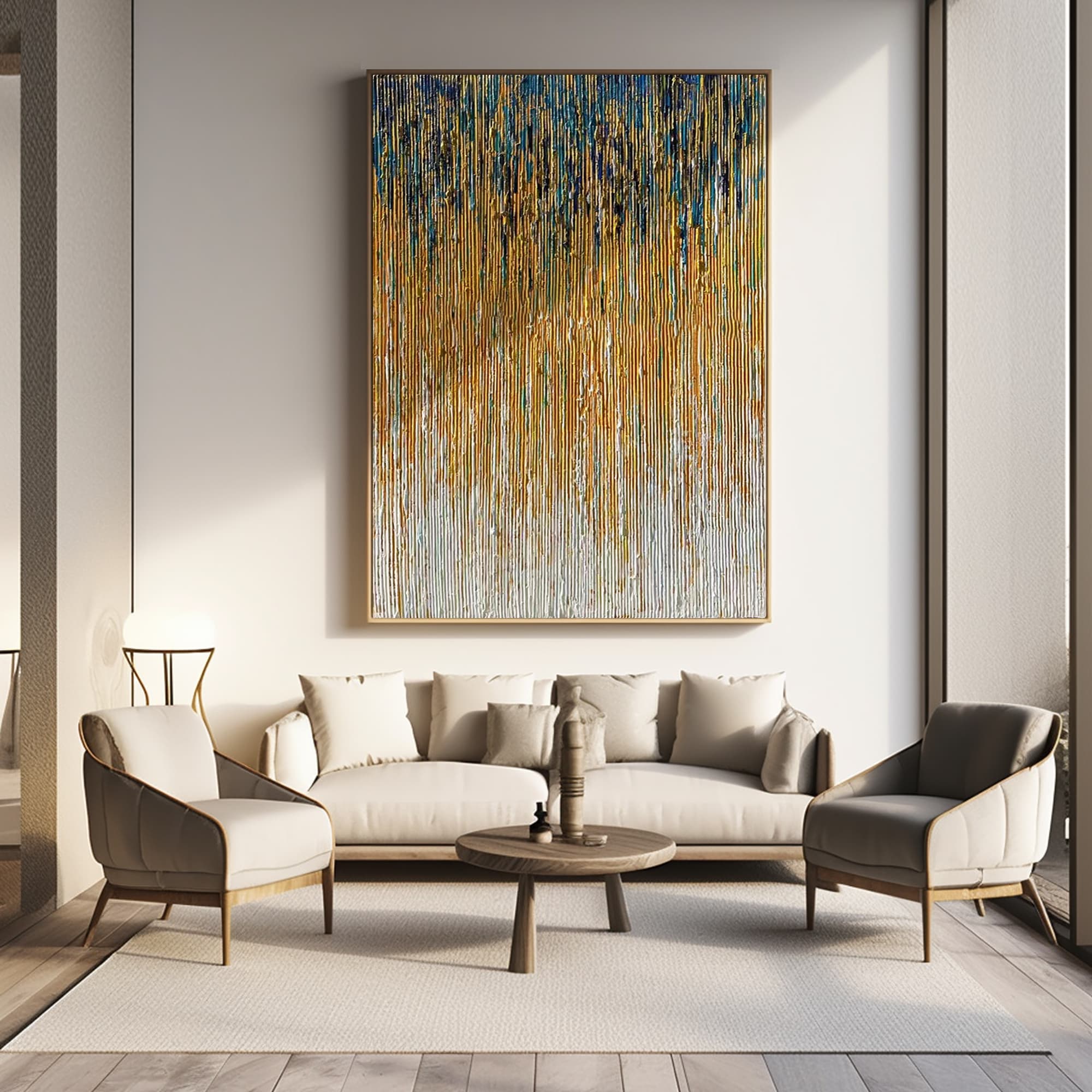 Abstract 'Urban Rain' canvas art displayed in a modern living room setting.