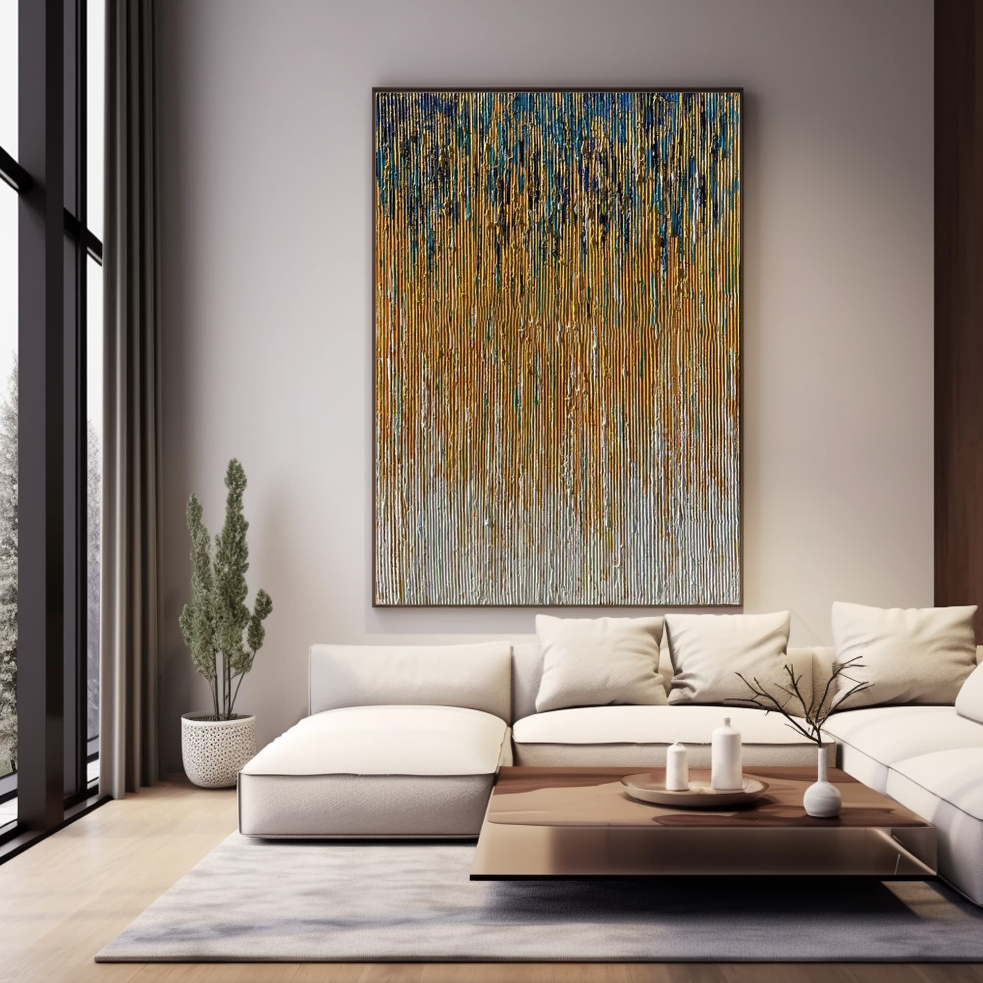 Modern living room featuring 'Urban Rain' abstract painting above a white sofa.