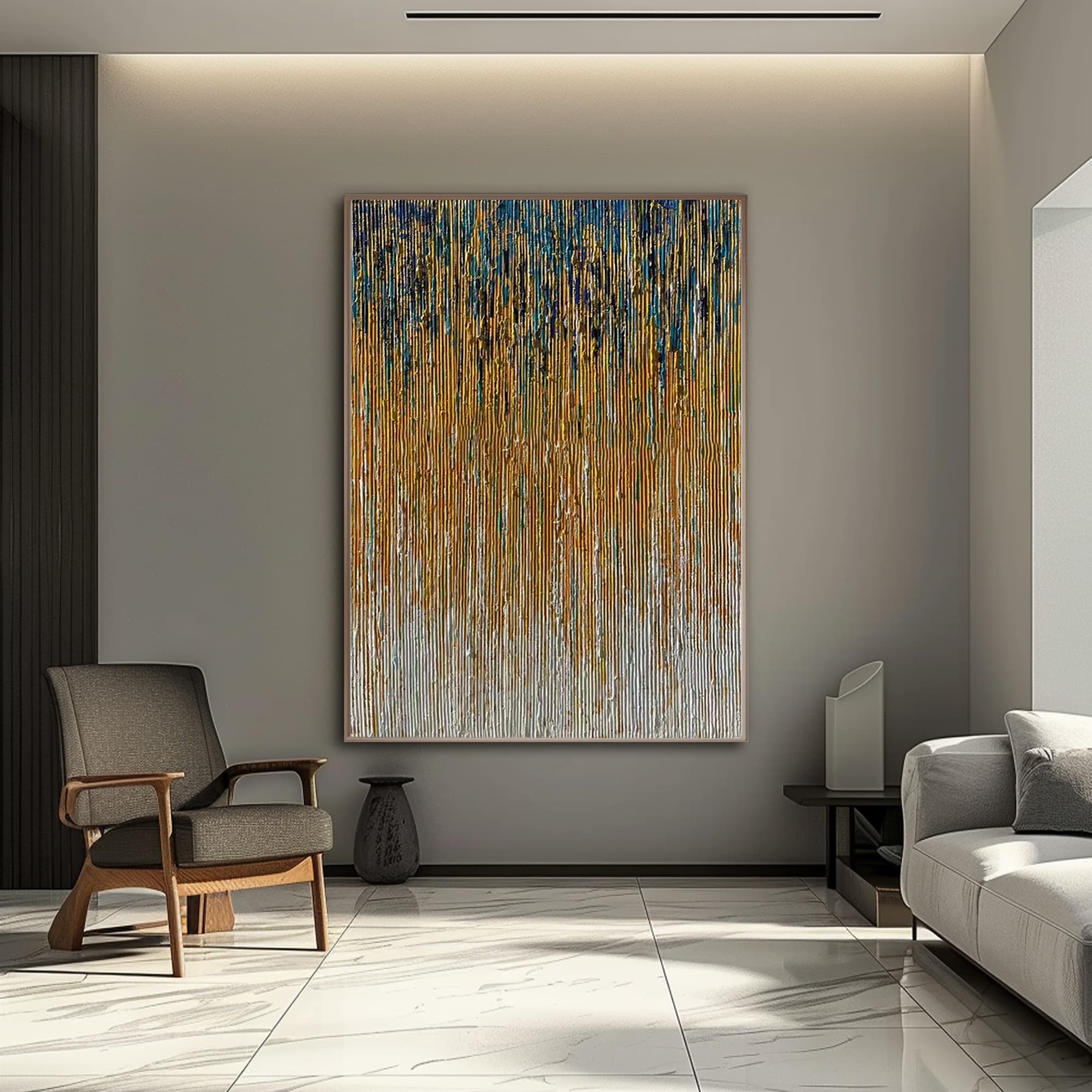 Contemporary interior with 'Urban Rain' abstract art enhancing the room's aesthetic.