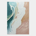 Abstract ocean painting with white wave crests, green depths, and peach shoreline hues.