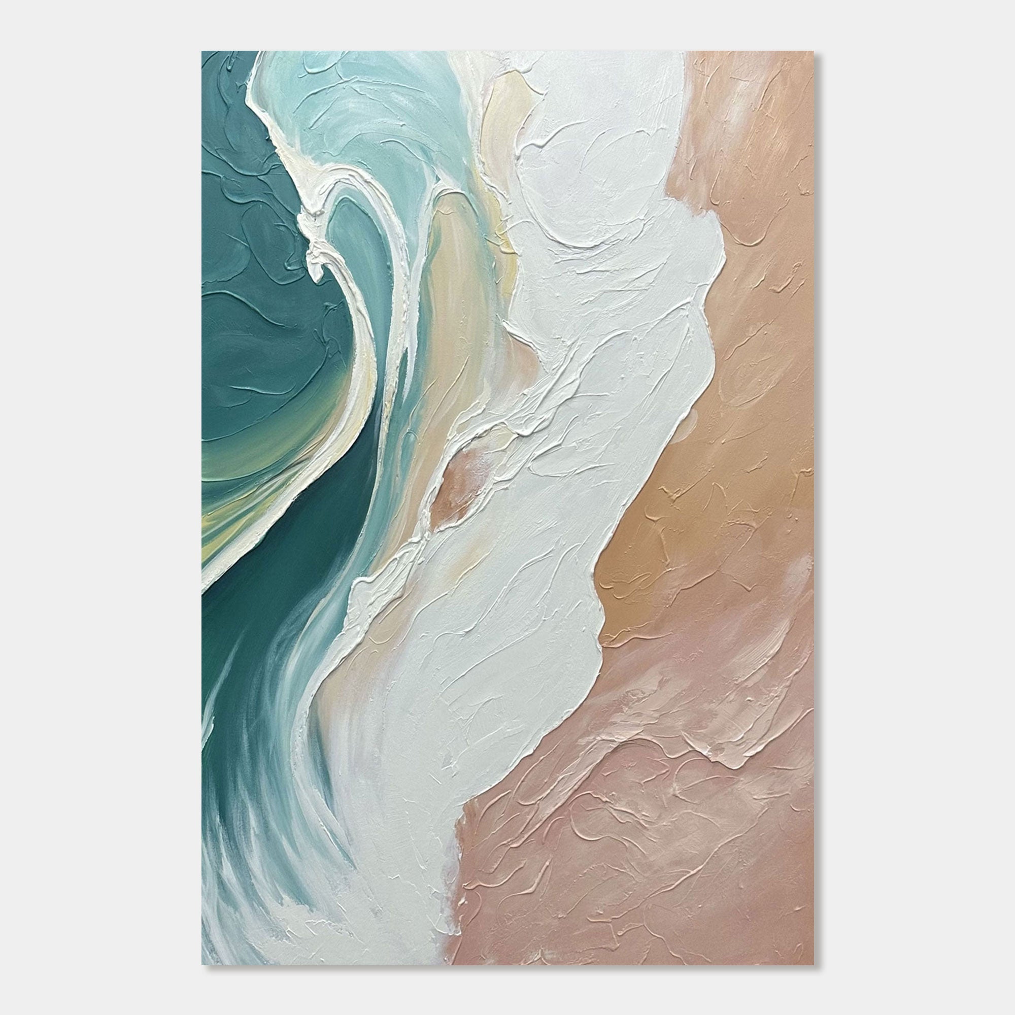 Abstract ocean painting with white wave crests, green depths, and peach shoreline hues.