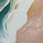 Abstract ocean painting with white wave crests, green depths, and peach shoreline hues.