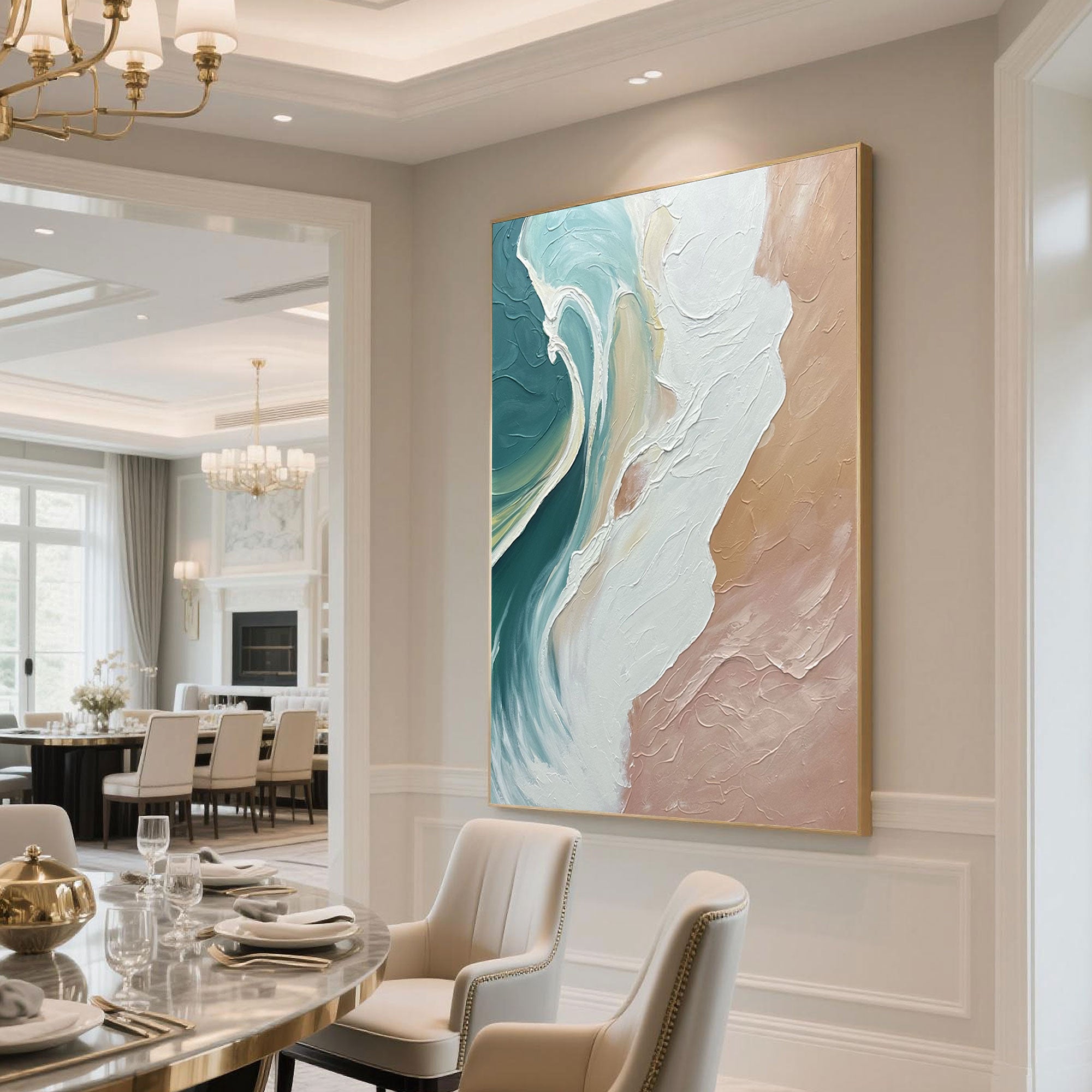 Abstract ocean canvas art with a gold frame in a dining room setting.