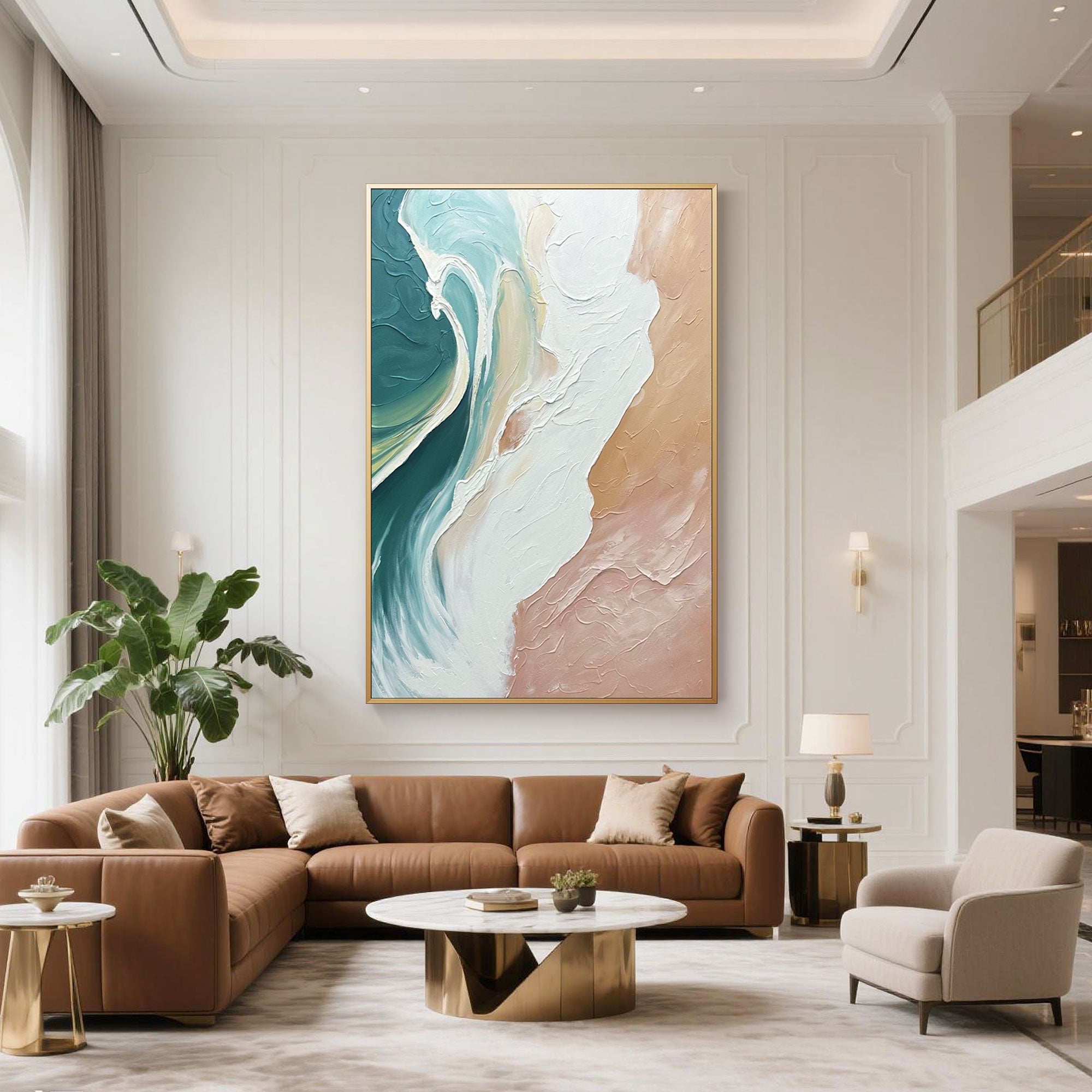 Abstract ocean painting with white wave crests, green depths, and peach shoreline hues.