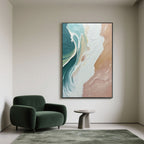 Abstract ocean painting with white wave crests, green depths, and peach shoreline hues.
