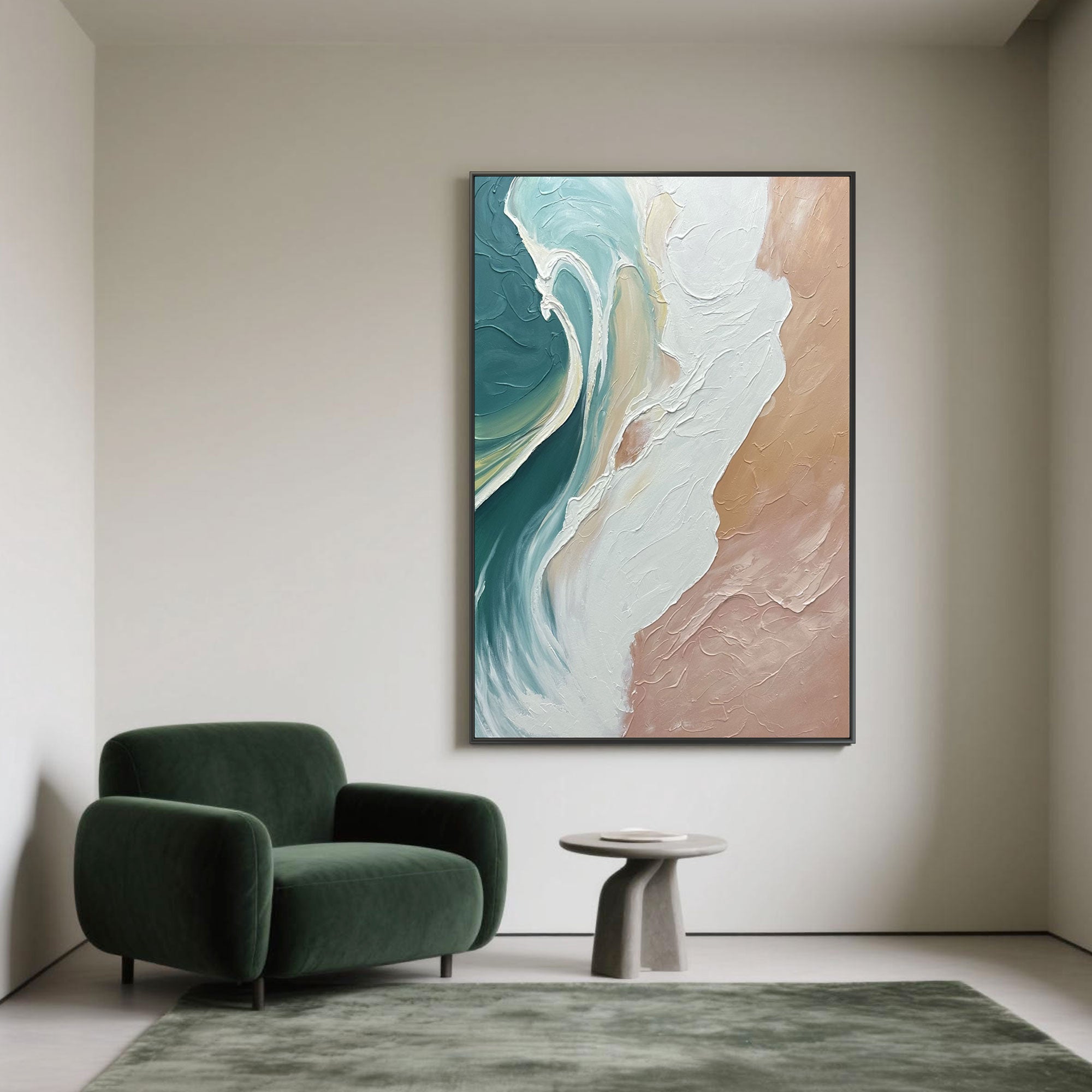 Abstract ocean painting with white wave crests, green depths, and peach shoreline hues.