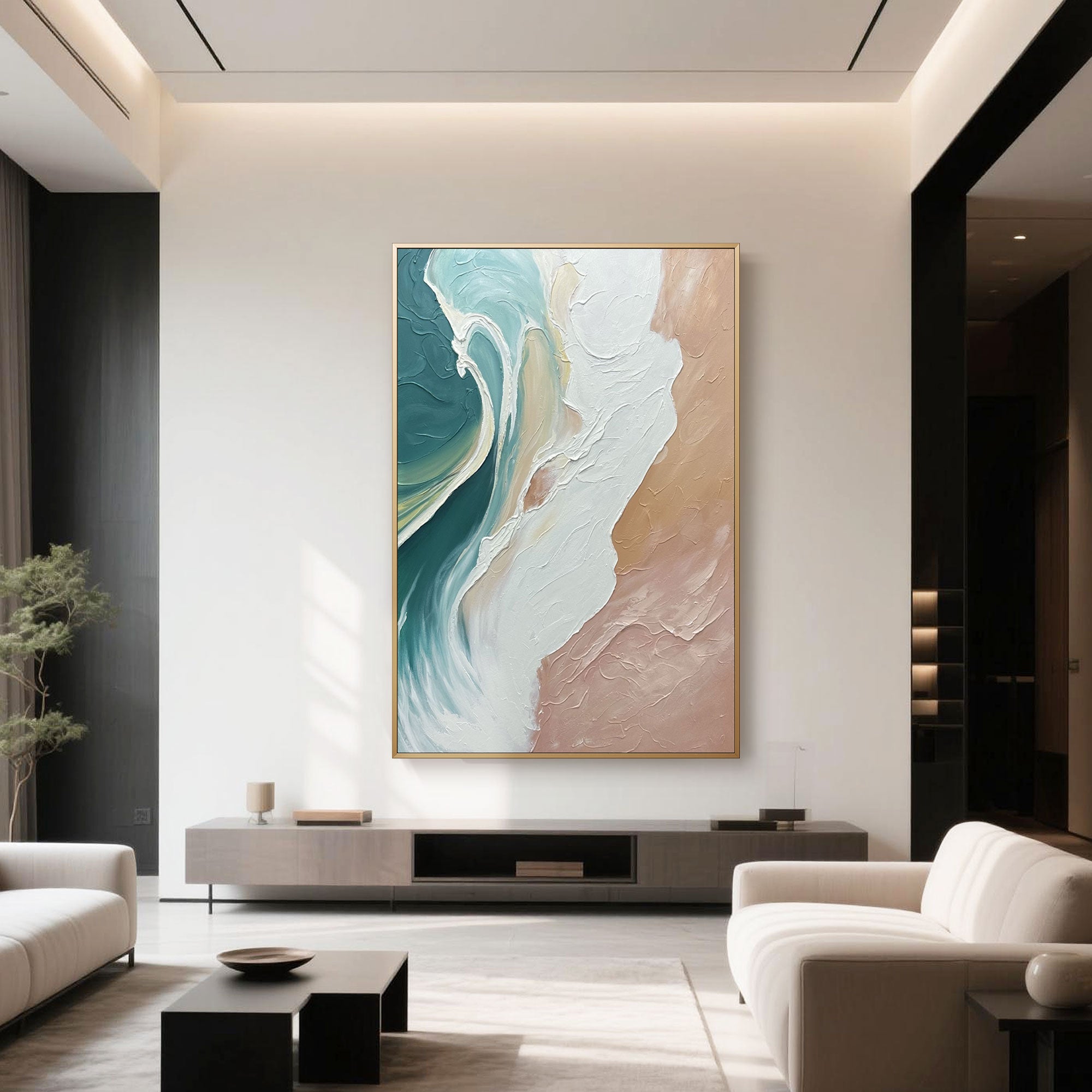 Abstract ocean art in a modern living room with a gold frame.