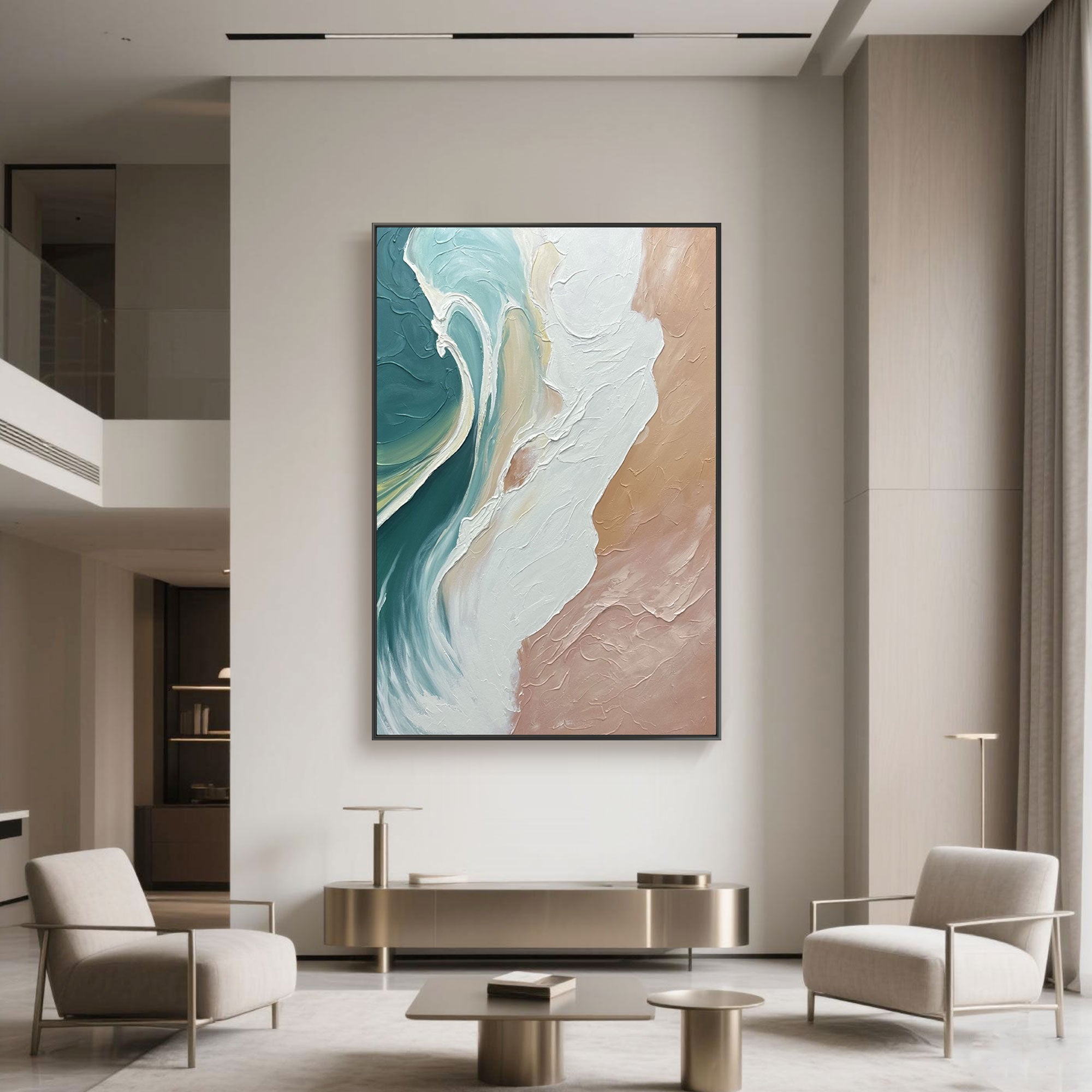 Large ocean art piece displayed in a minimalist modern living space.