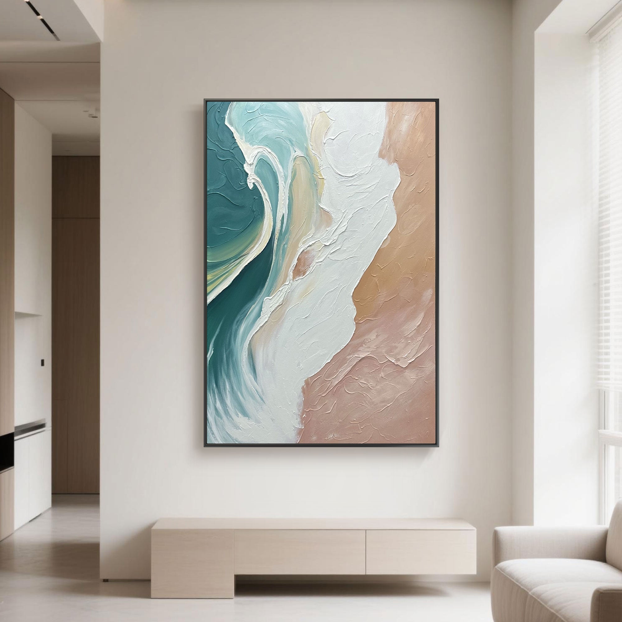 Abstract ocean painting with white wave crests, green depths, and peach shoreline hues.