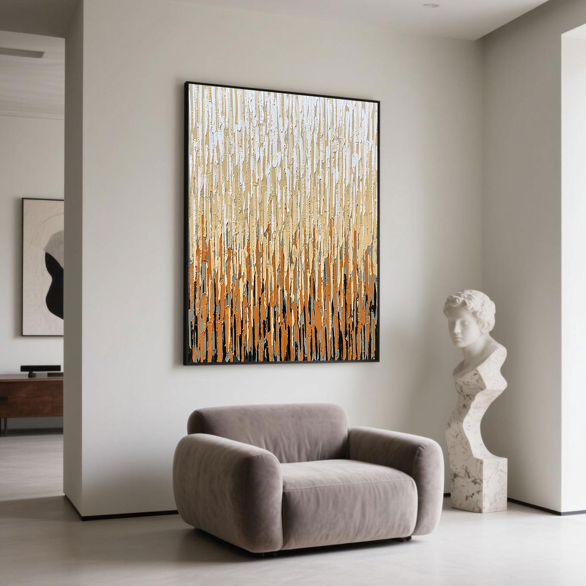Beige and brown abstract wall art in a luxury living room setting.